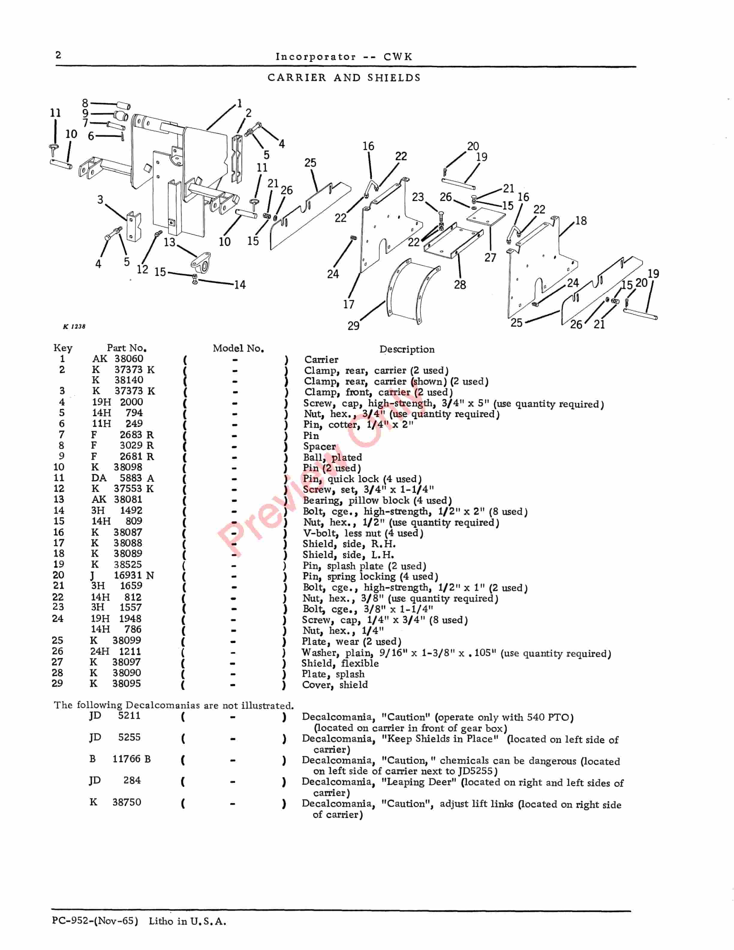 John Deere CWK Herbicide Incorporators Parts Catalog PC952 01NOV65-4