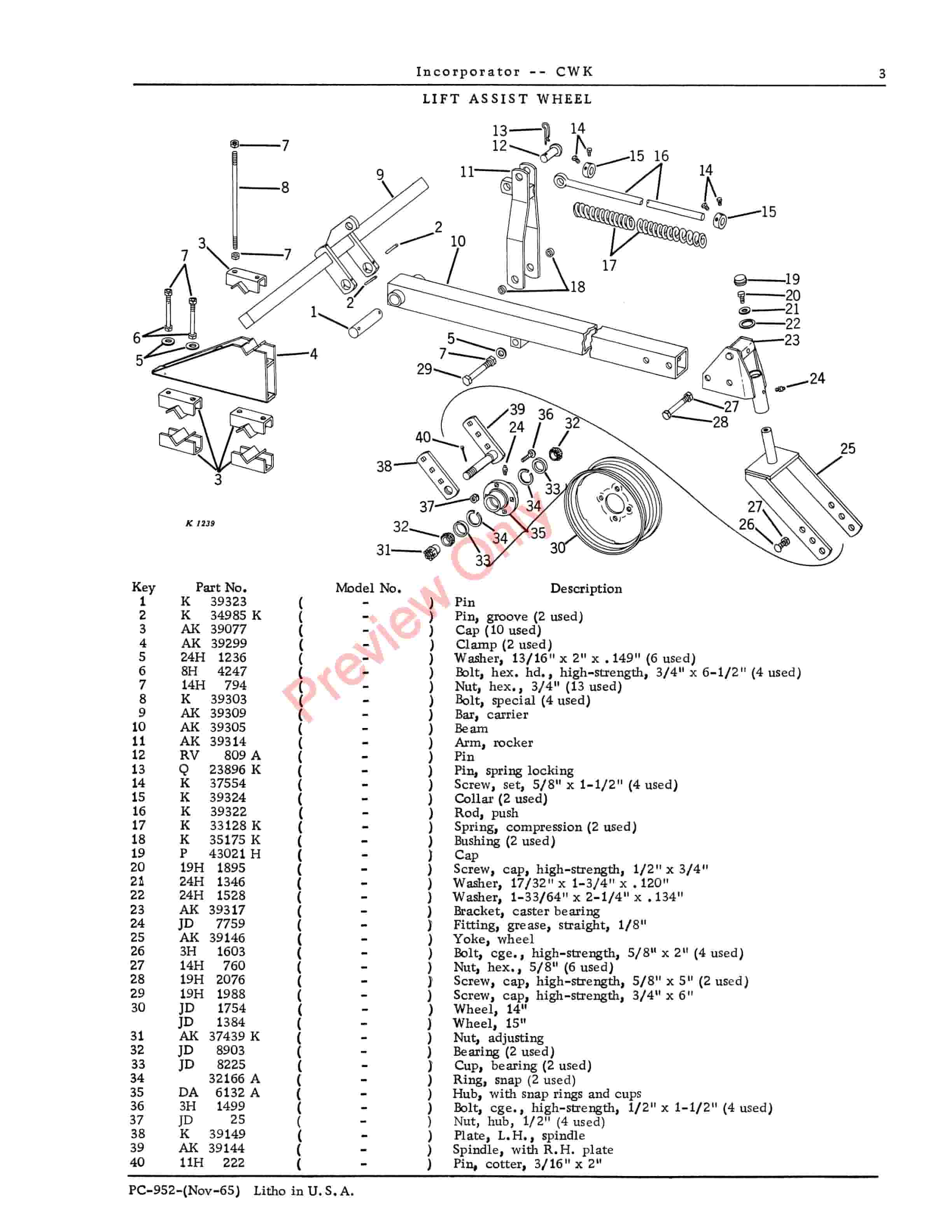 John Deere CWK Herbicide Incorporators Parts Catalog PC952 01NOV65-5