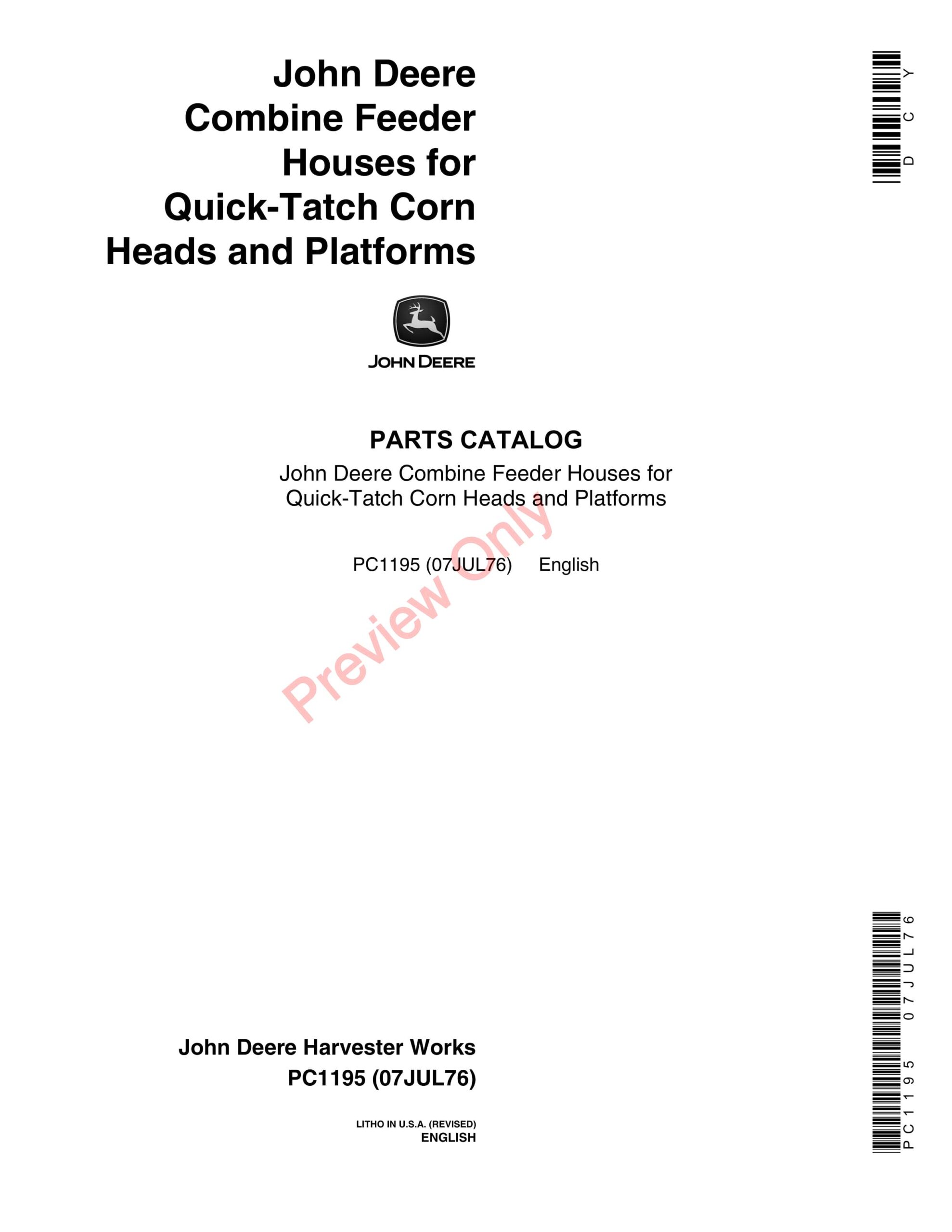 John Deere Combine Feeder Houses for Quik Parts Catalog PC1195 07JUL76-1