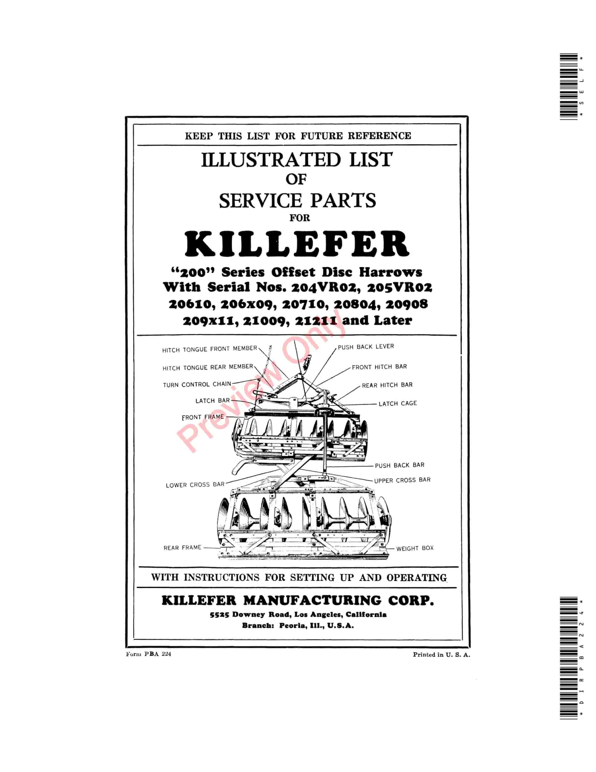 John Deere DIRInstructions for Killeffer 200 Series Offset Disc Harrows Service Parts DIRPBA224 01SEP47-1