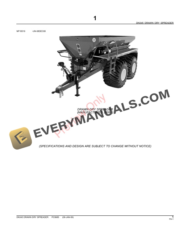 John Deere DN345 Drawn Dry Spreader Parts Catalog PC9985 09JUN11