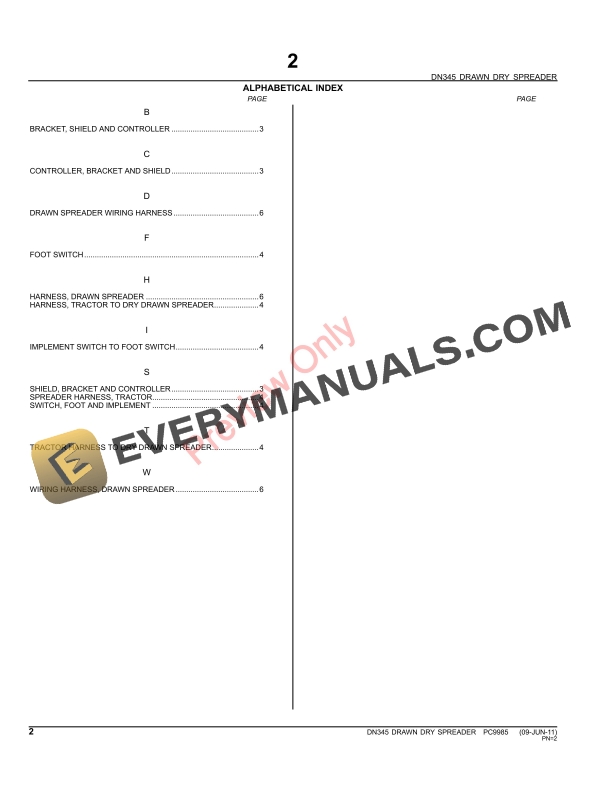 John Deere DN345 Drawn Dry Spreader Parts Catalog PC9985 09JUN11