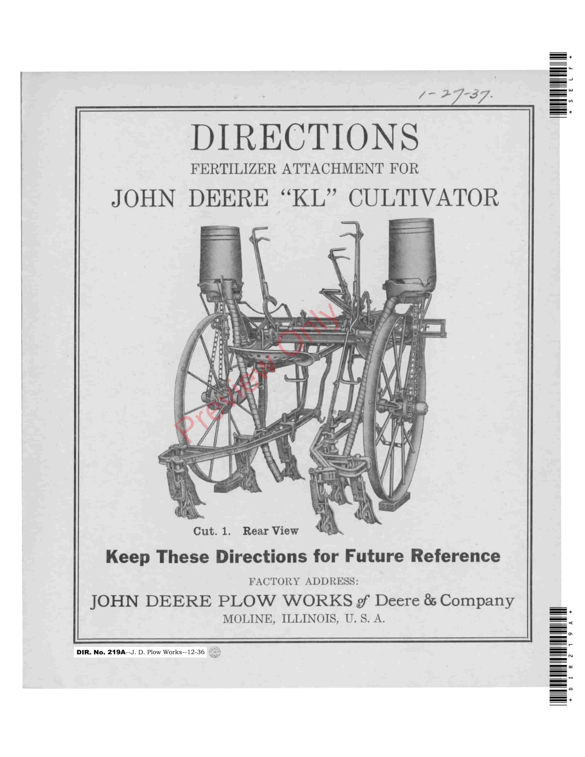 John Deere Directions on Fertilizer Attachment for KL Cultivator Parts Catalog DIR219A 01DEC36-1