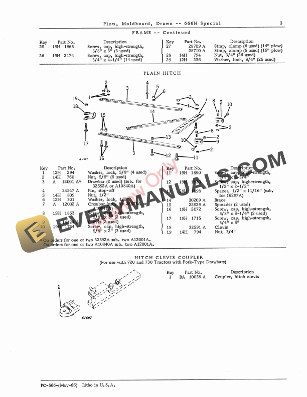 John Deere Drawn Moldboard Plow 666H Special Parts Catalog PC566 01MAY66