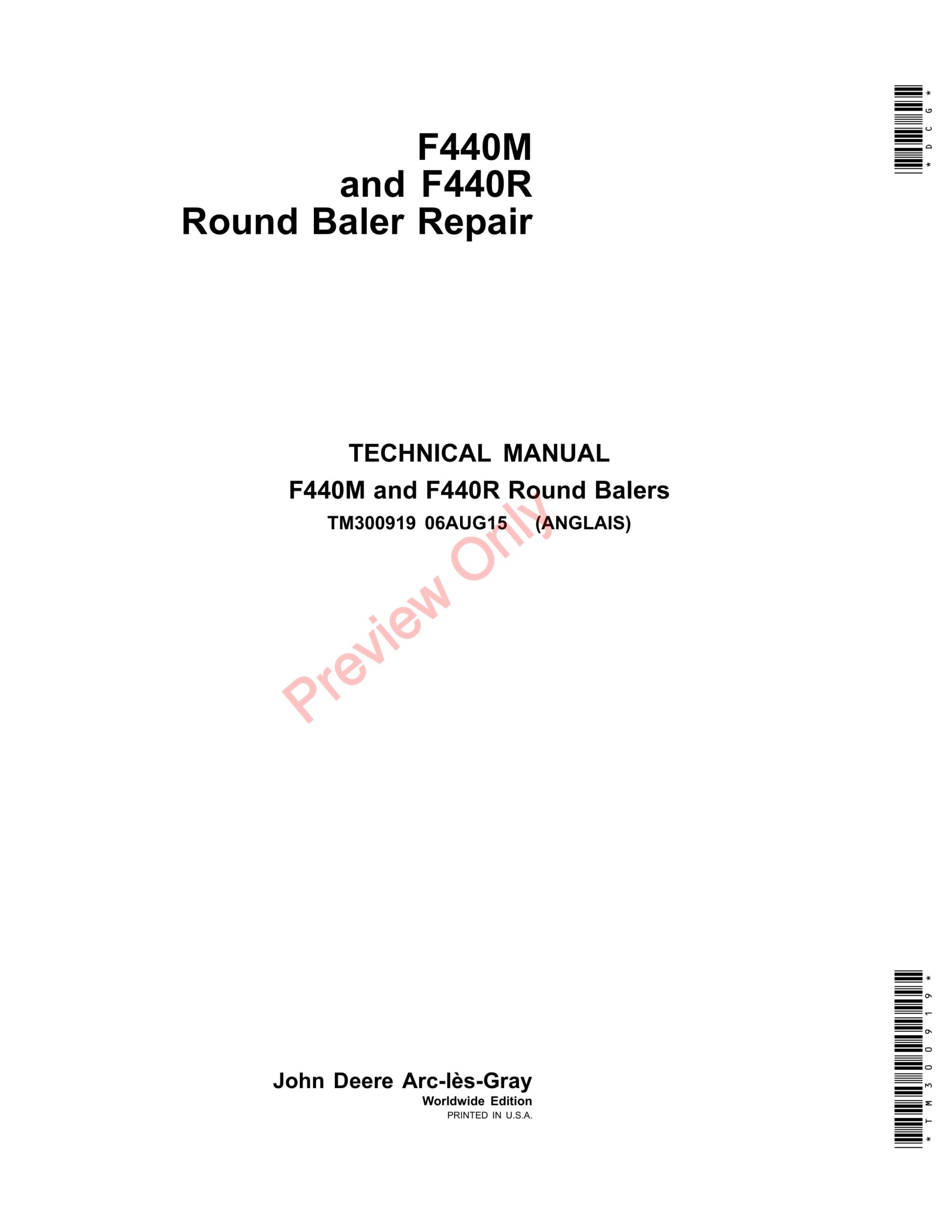 John Deere F440M and F440R Round Balers Technical Manual TM300919 06AUG15-1