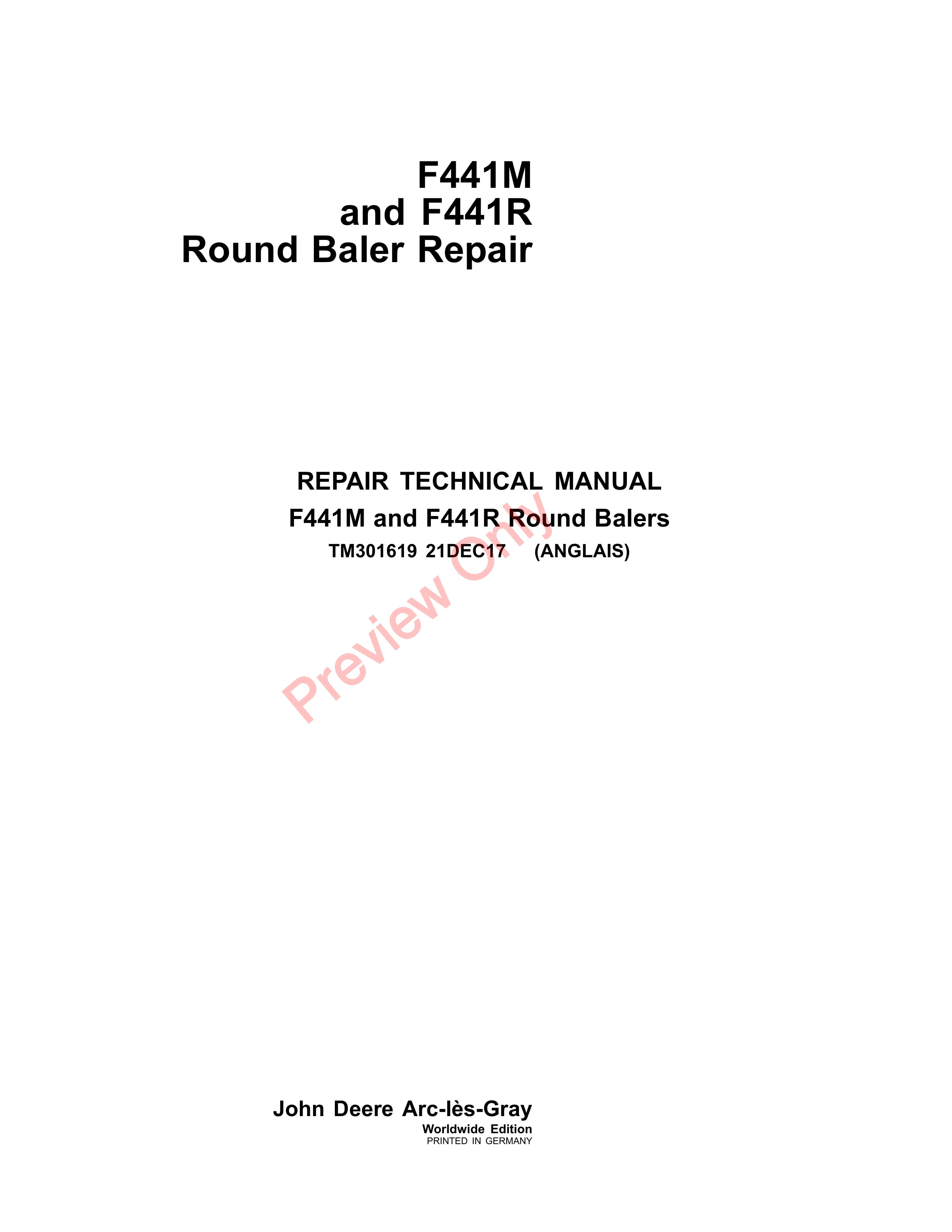John Deere F441M and F441R Round Baler Repair Technical Manual TM301619 02MAY18-1