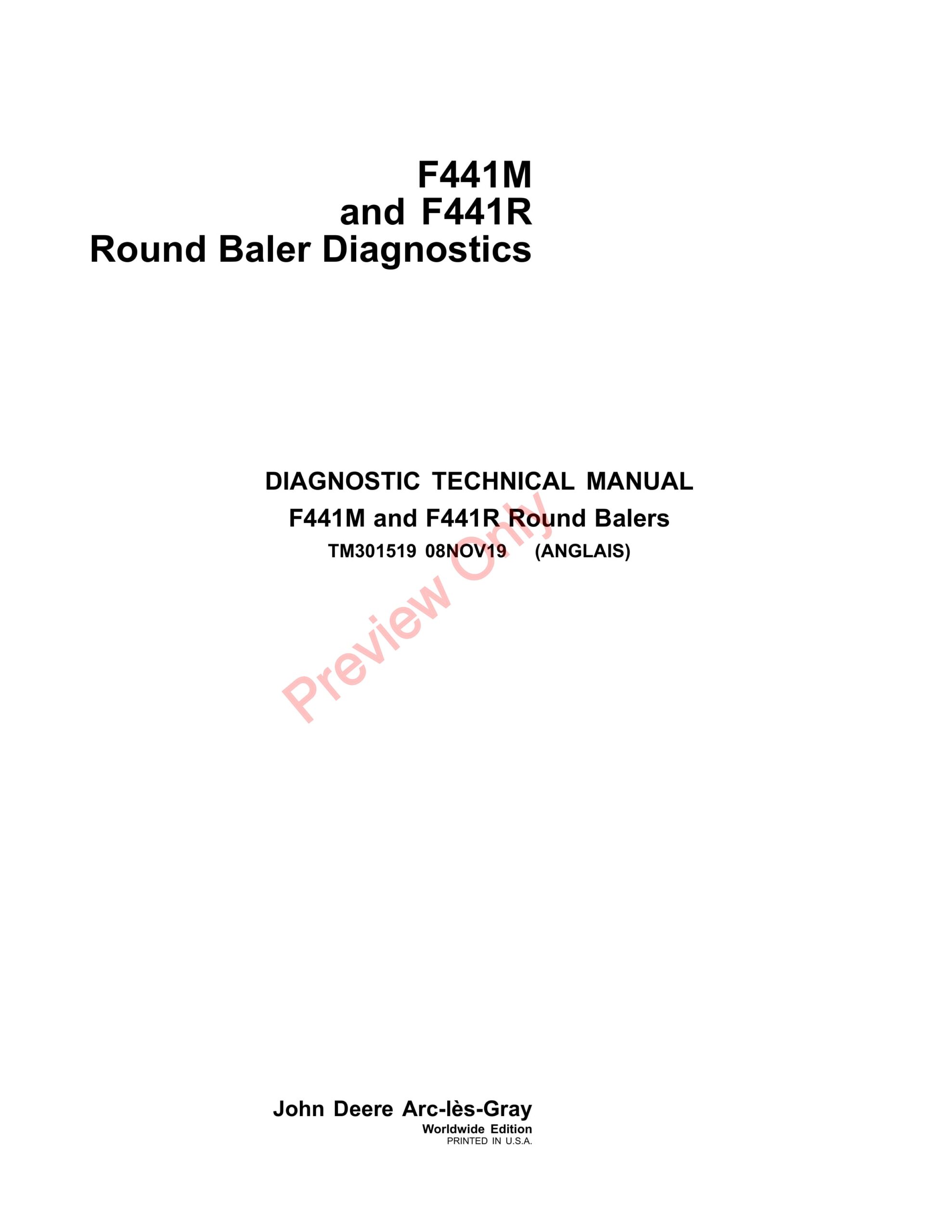 John Deere F441M and F441R Round Balers Technical Manual TM301519 08NOV19-1