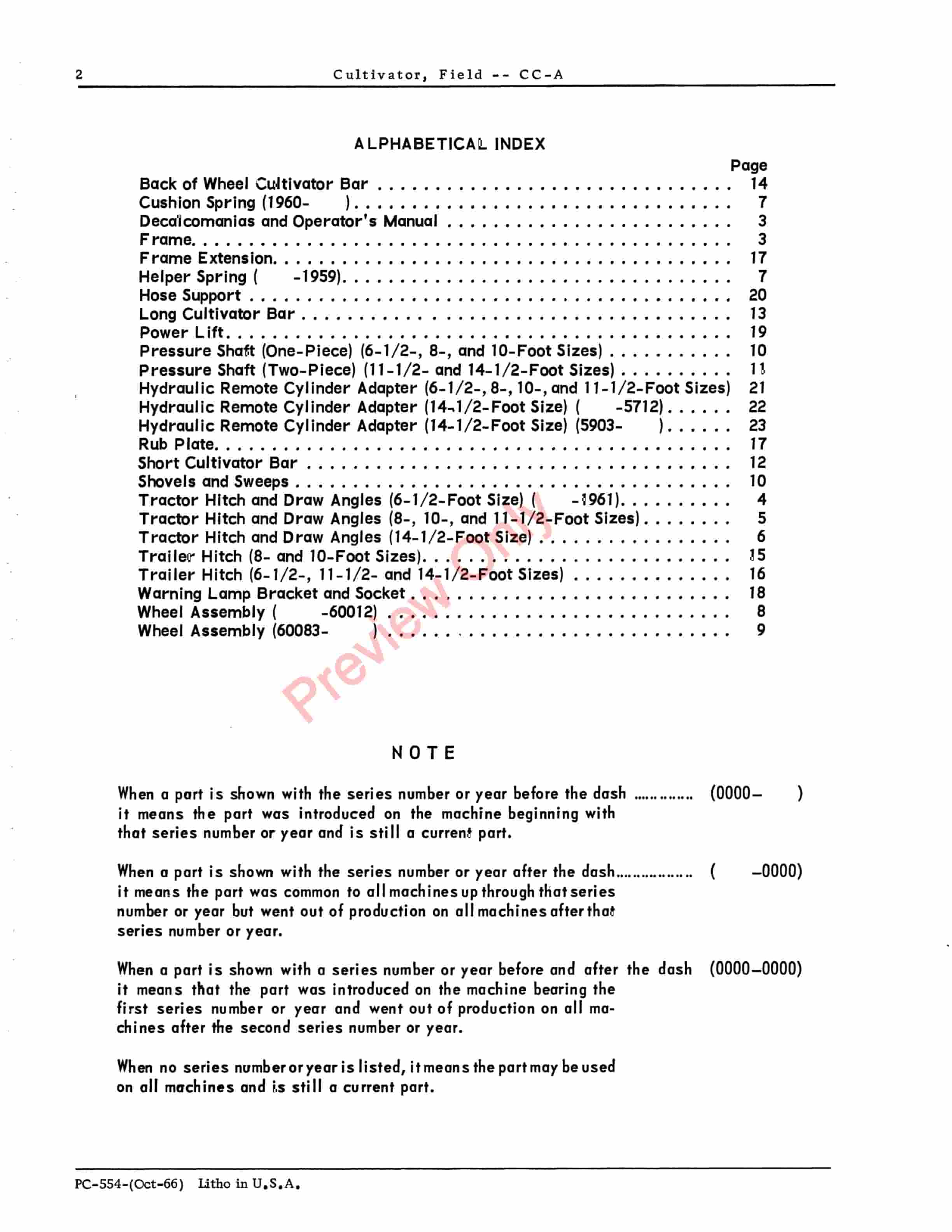 John Deere Field Cultivator – Model CC-A Parts Catalog PC554 01OCT65-4