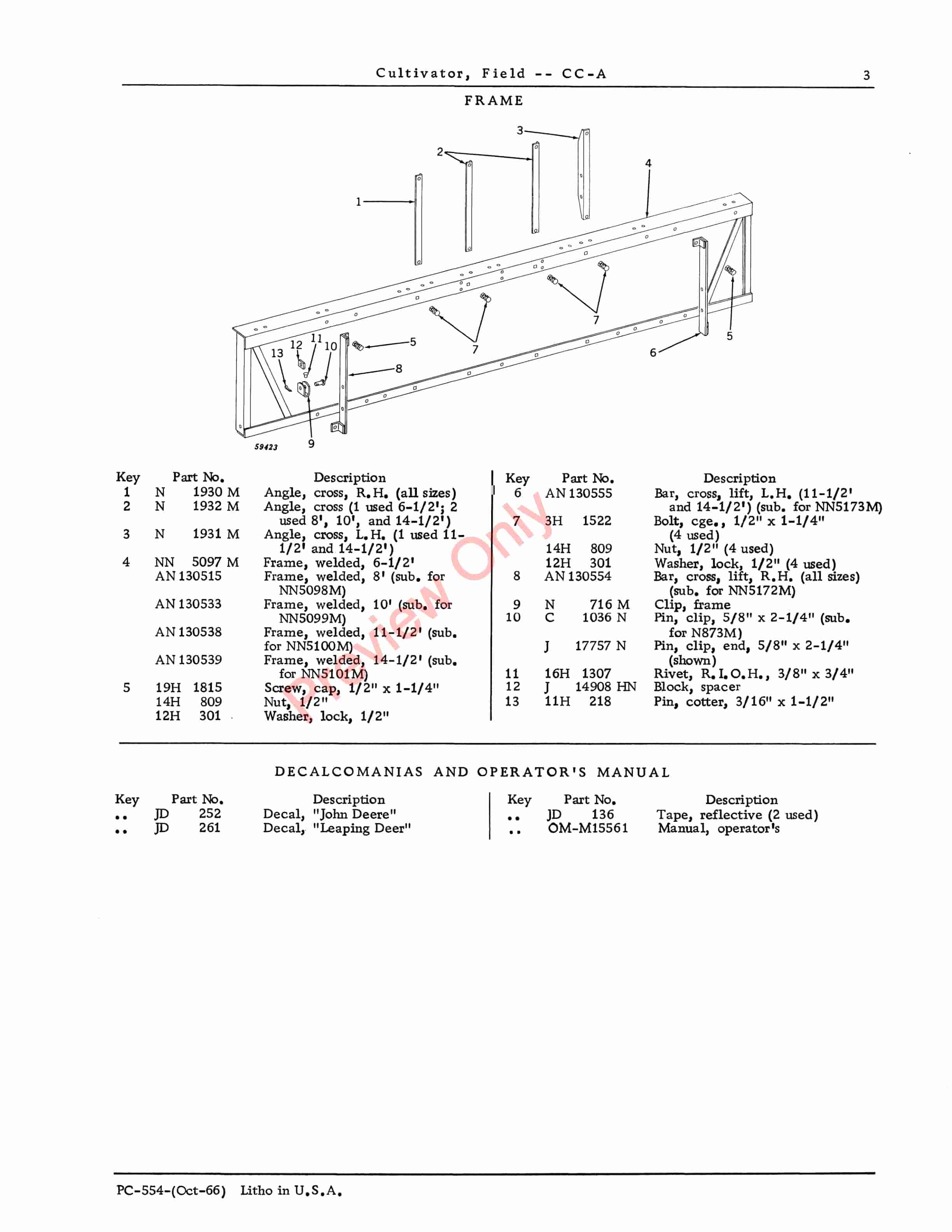 John Deere Field Cultivator – Model CC-A Parts Catalog PC554 01OCT65-5