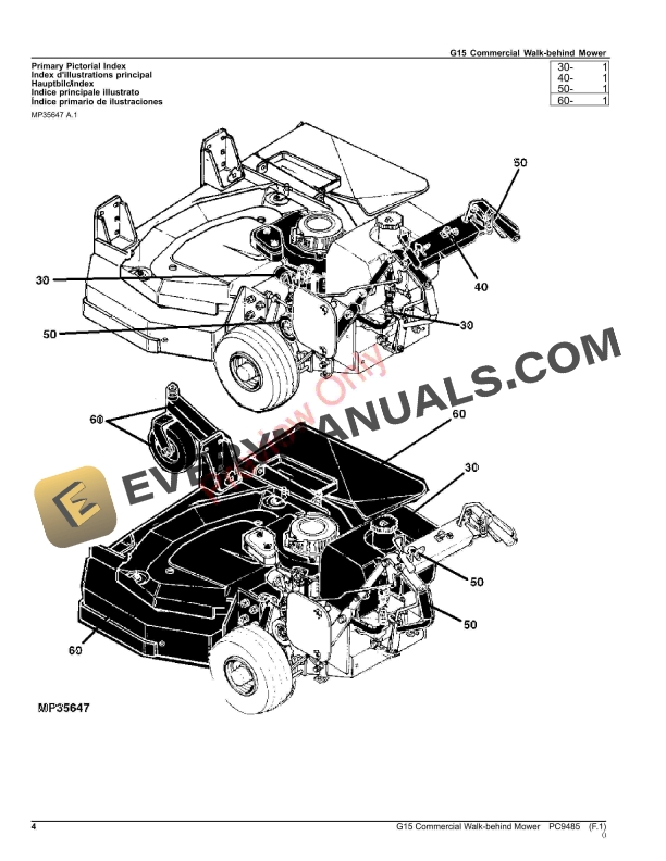 John Deere G15 COMMERCIAL WALKBEHIND MOWER Parts Catalog PC9485 22SEP22