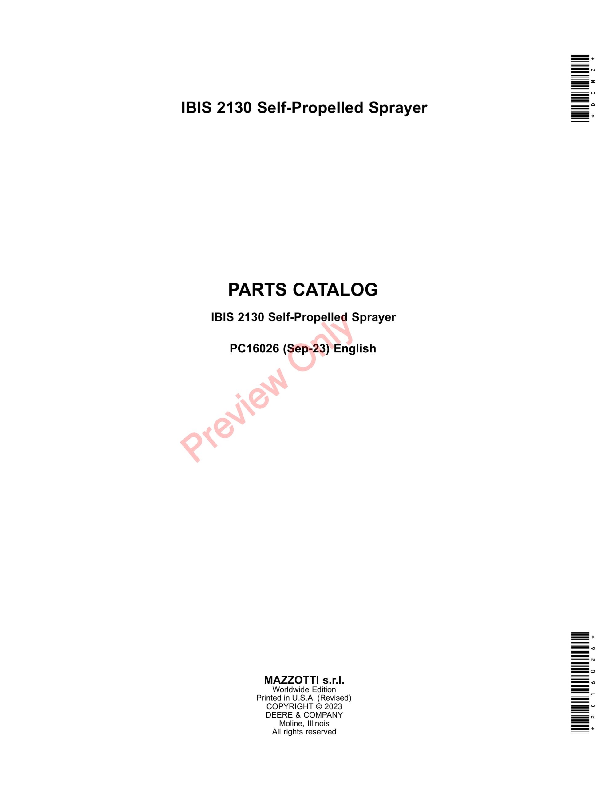 John Deere IBIS 2130 Self-Propelled Sprayer Parts Catalog PC16026 30SEP23-1