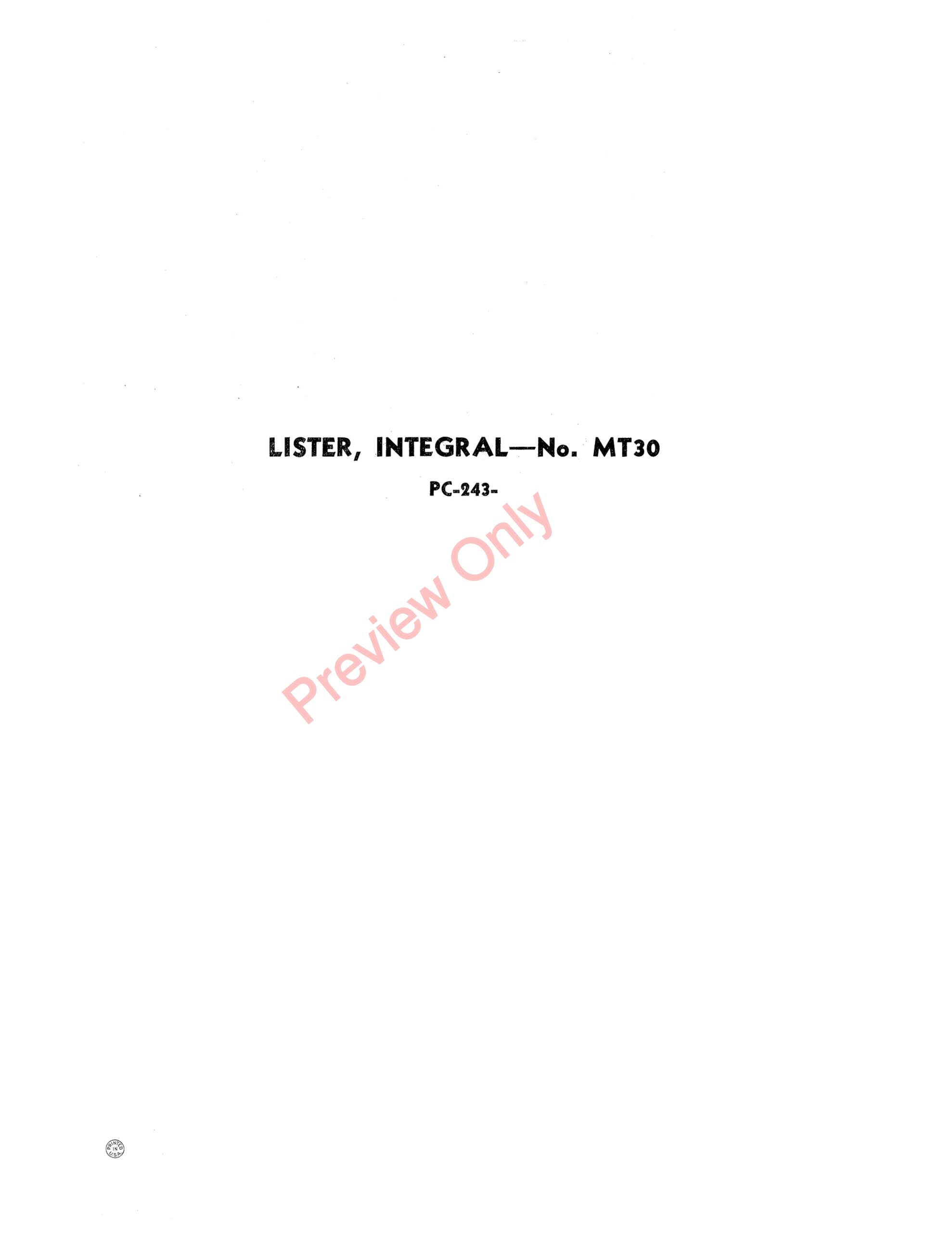 John Deere Integral Lister – No. MT30 Parts Catalog PC243 01APR52-1
