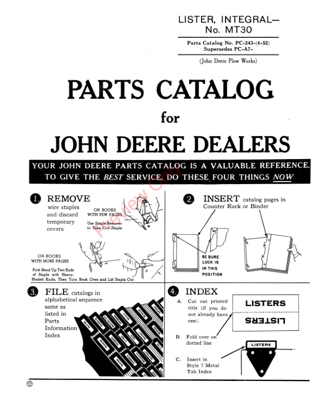John Deere Integral Lister – No. MT30 Parts Catalog PC243 01APR52-3
