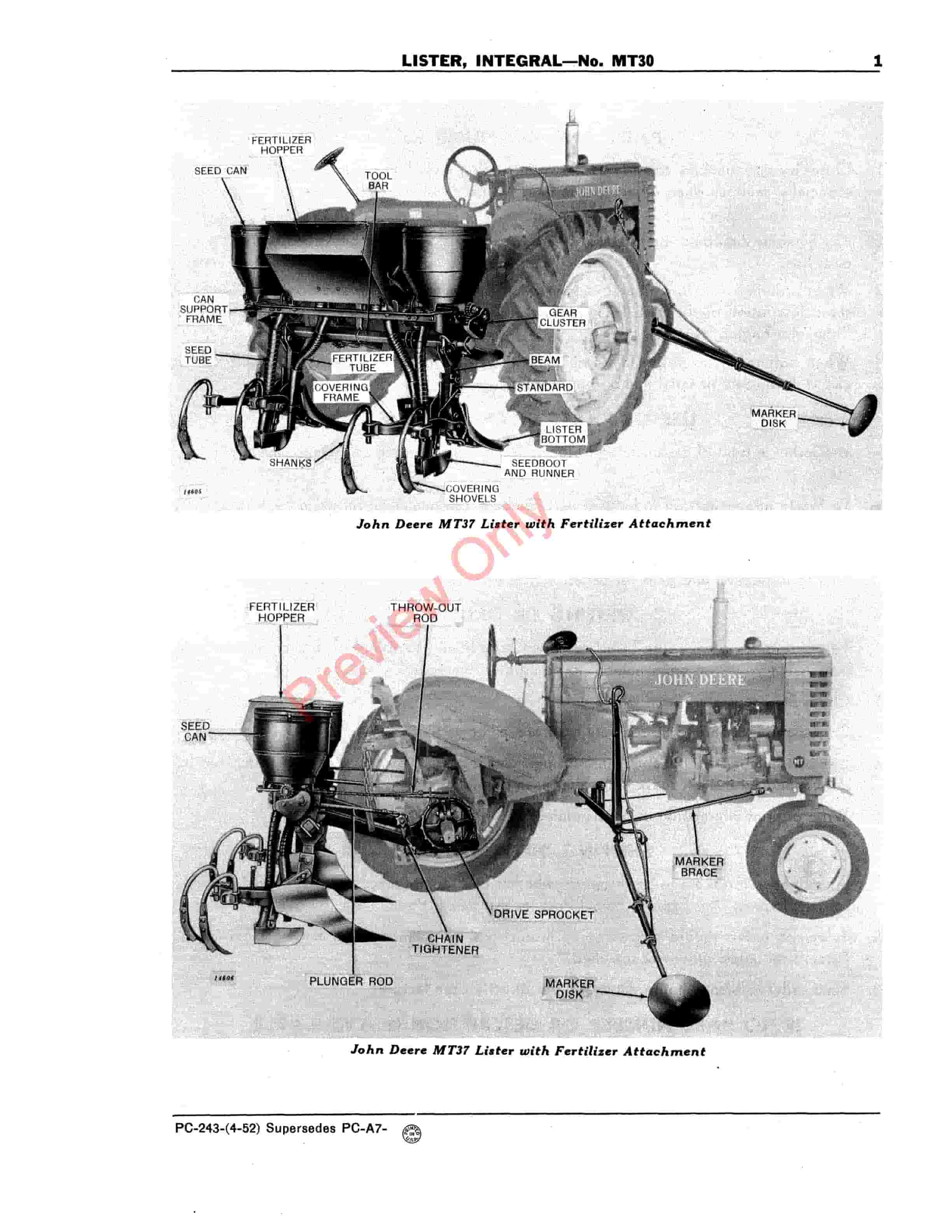 John Deere Integral Lister – No. MT30 Parts Catalog PC243 01APR52-5