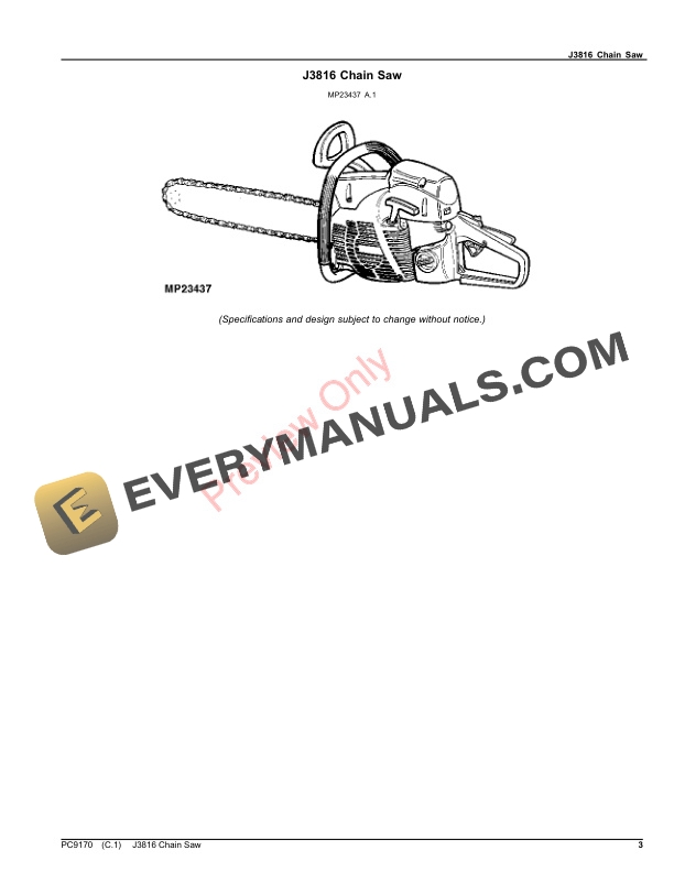 John Deere J3816 Chain Saw Parts Catalog PC9170 01JUL13
