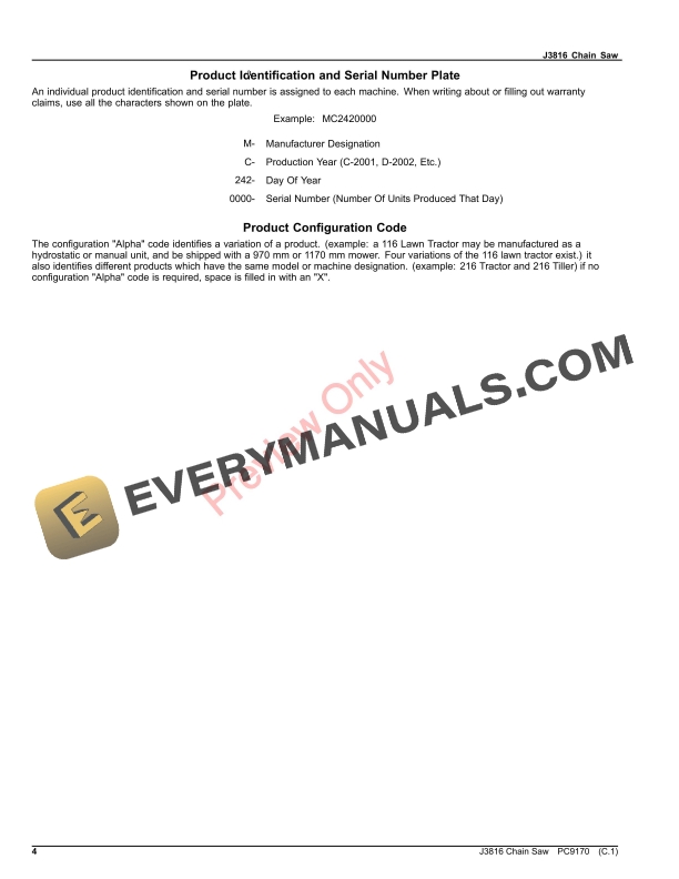 John Deere J3816 Chain Saw Parts Catalog PC9170 01JUL13