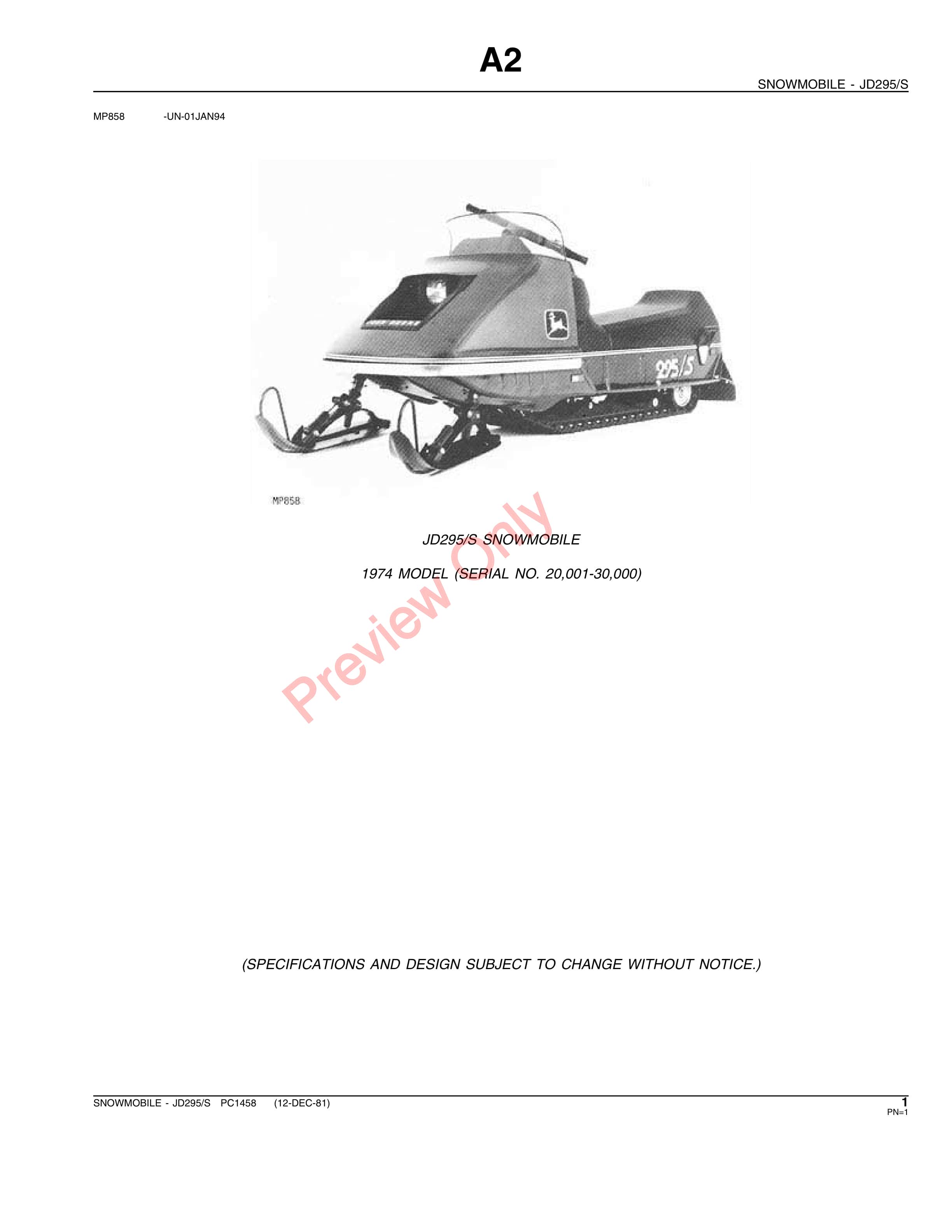 John Deere JD295S Snowmobiles Parts Catalog PC1458 12DEC81-4