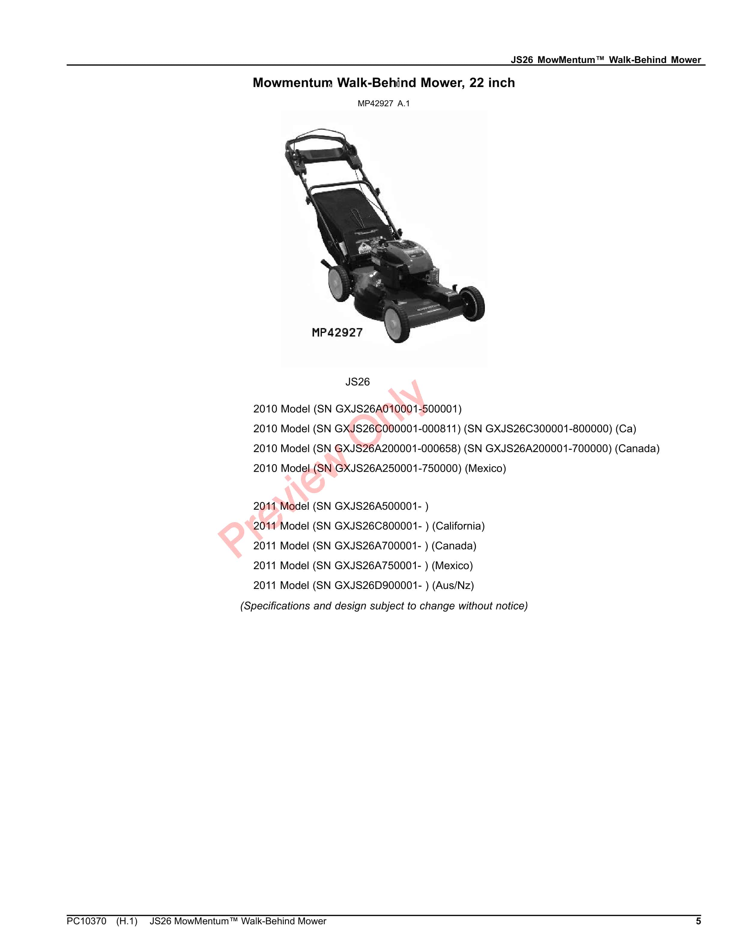 John Deere JS26 MowMentum Walk Behind Mower Parts Catalog PC10370 04NOV22 5