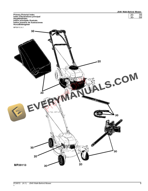 John Deere JS40 WALKBEHIND MOWER Parts Catalog PC9572 20DEC19