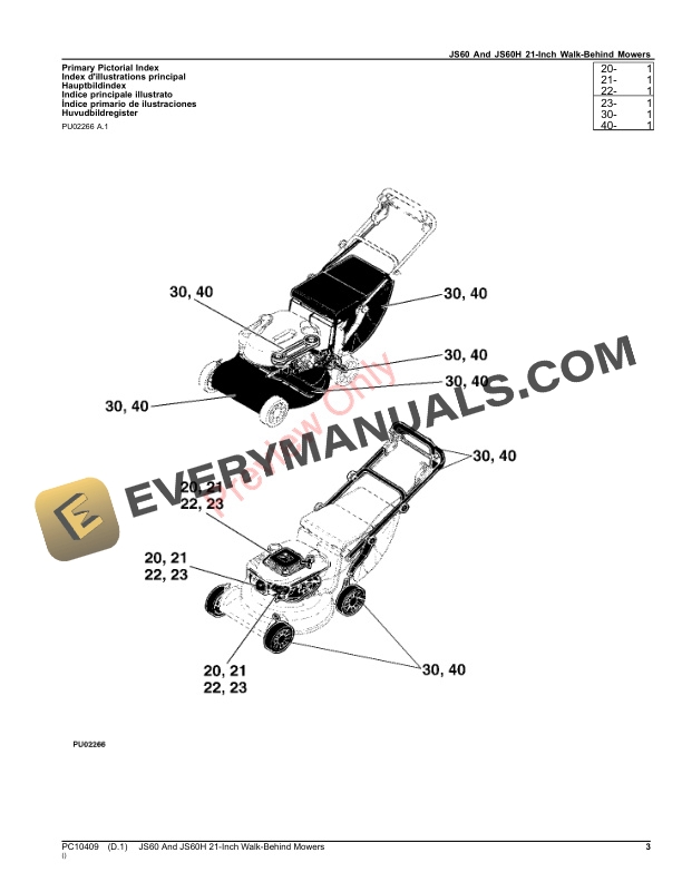 John Deere JS60 AND JS60H 21INCH WALKBEHIND MOWERS Parts Catalog