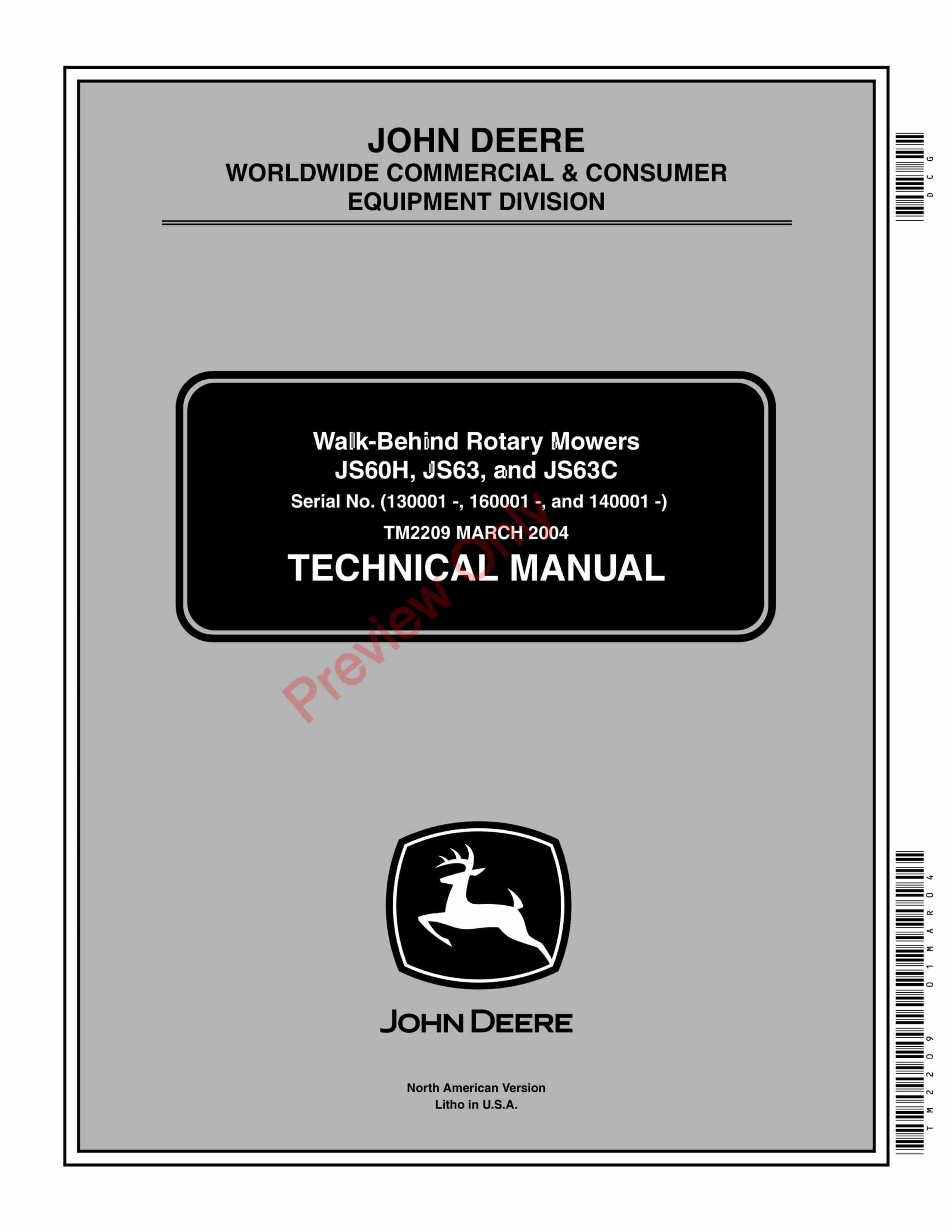 John Deere JS60H, JS63 and JS63C Walk-Behind Rotary Mowers Technical Manual TM2209 01MAR04-1