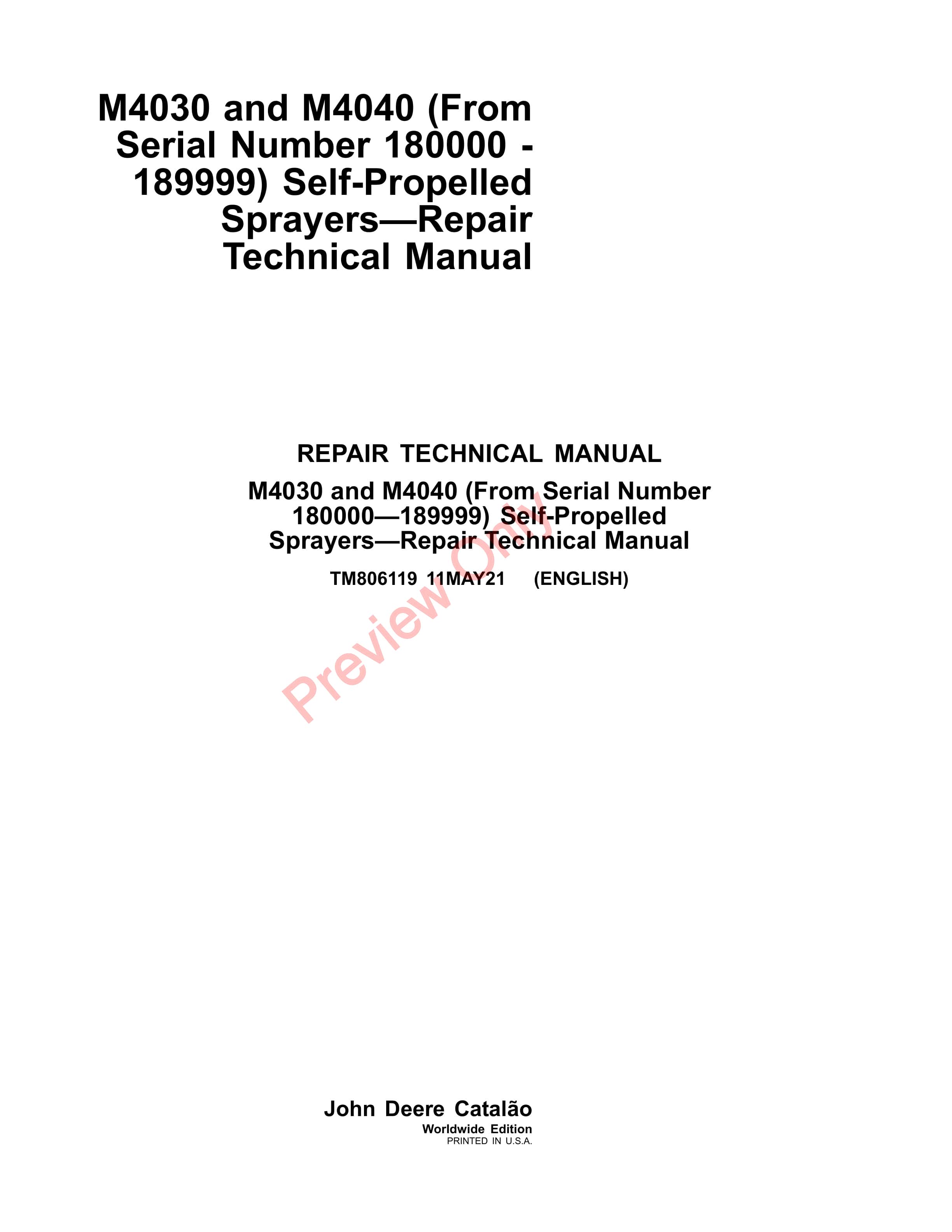 John Deere M4030 and M4040 Self-Propelled Sprayers (180000-189999), Repair Technical Manual TM806119 11MAY21-1