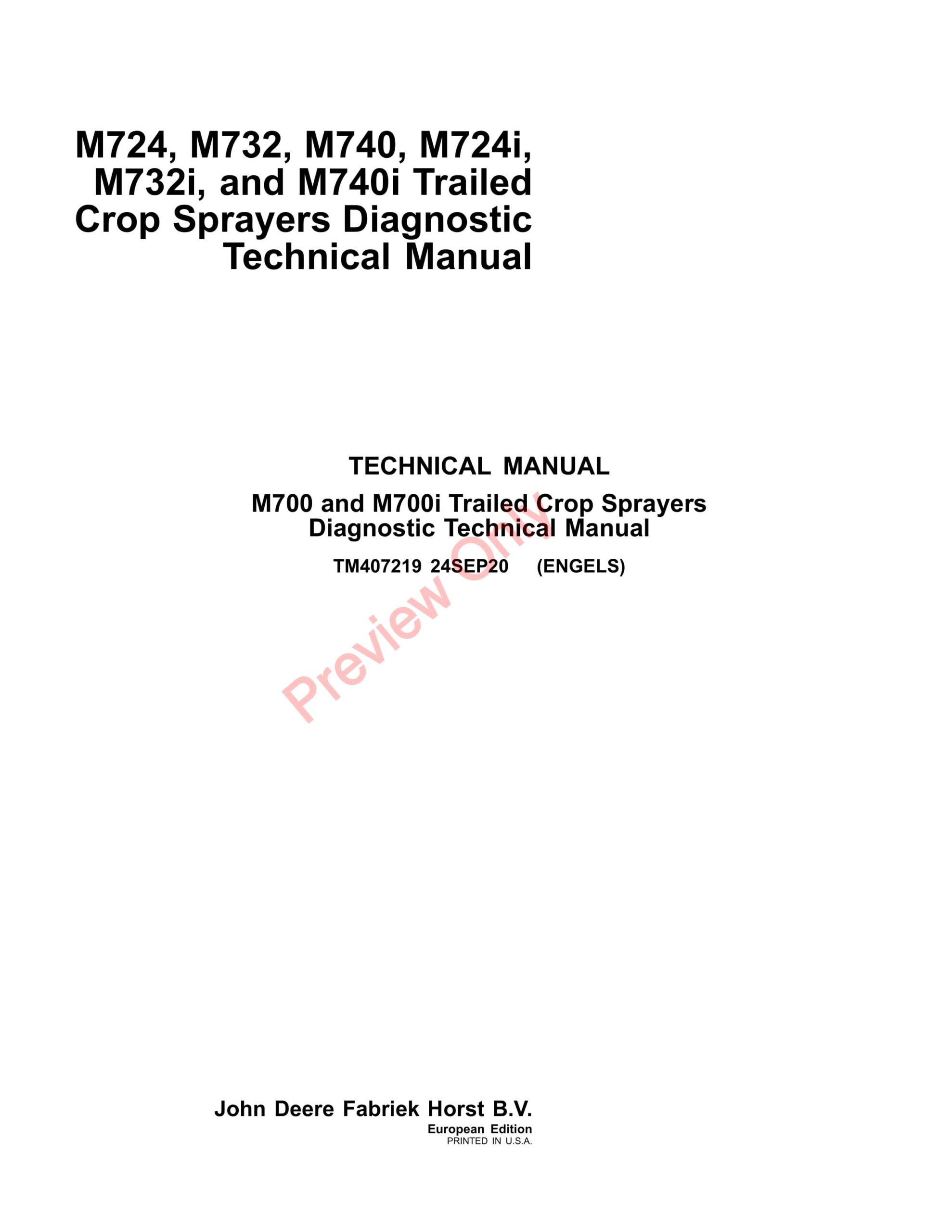 John Deere M724, M732, M740, M724i, M732i, and M740i Trailed Crop Sprayers Diagnostic Technical Manual TM407219 24SEP20-1