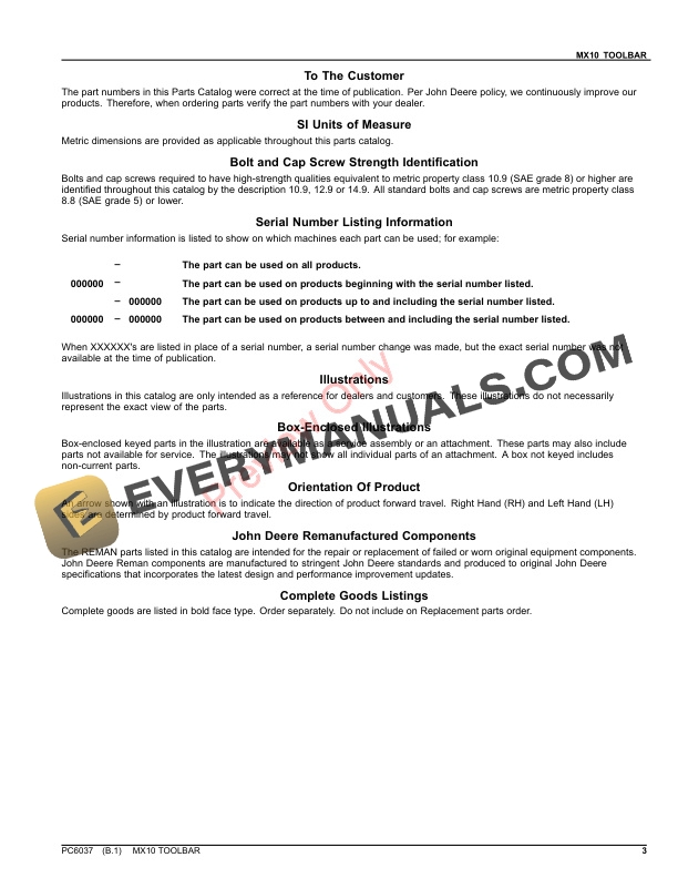 John Deere MX10 TOOLBAR Parts Catalog PC6037 27NOV17