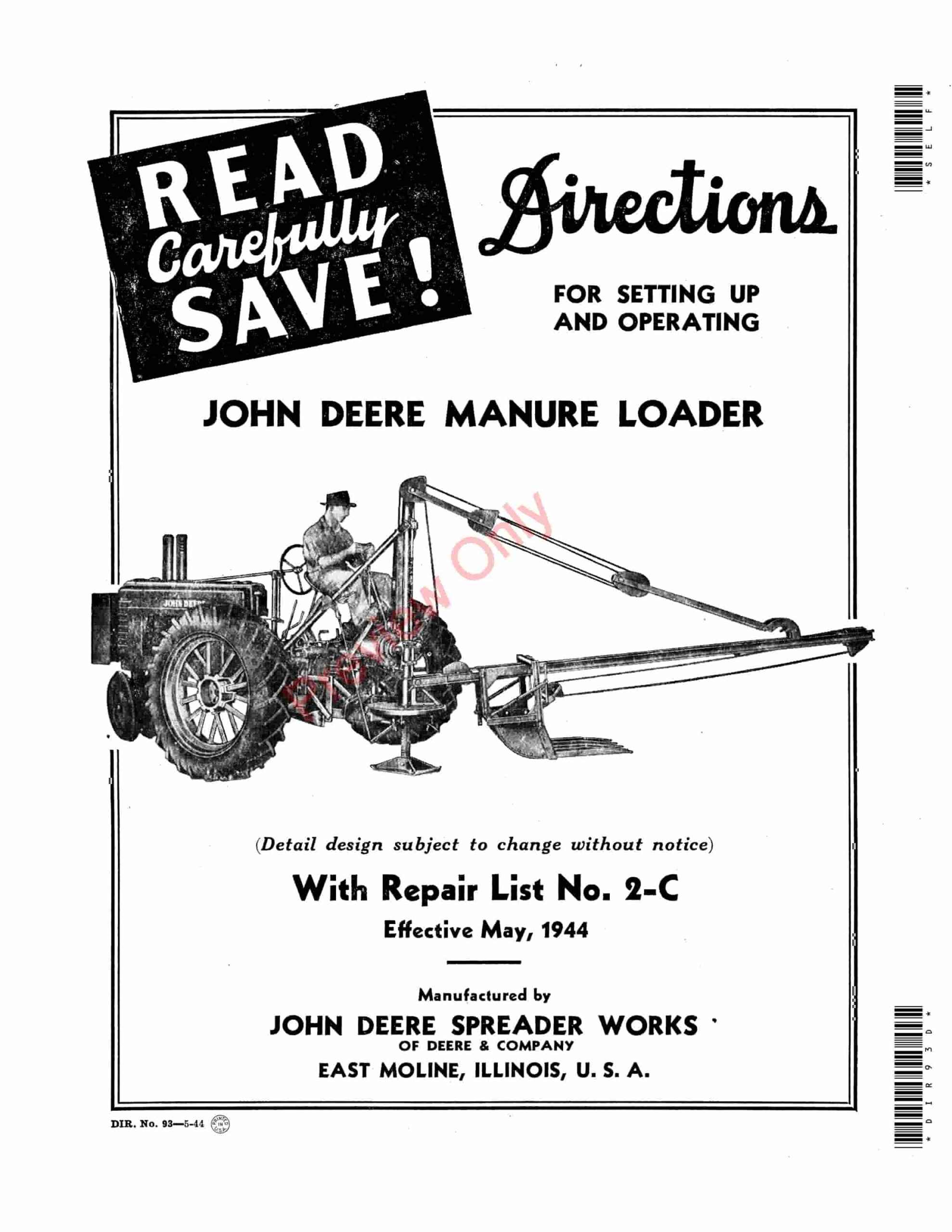 John Deere Manure Loader wRepair List No. 2-C Parts Catalog DIR93D 01MAY44-1