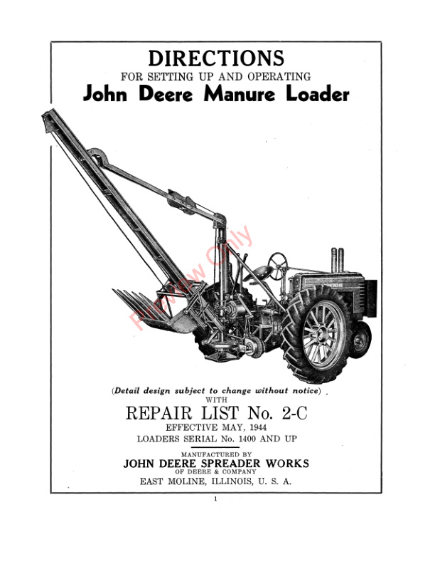 John Deere Manure Loader WRepair List No. 2 C Parts Catalog DIR93D 01MAY44 3