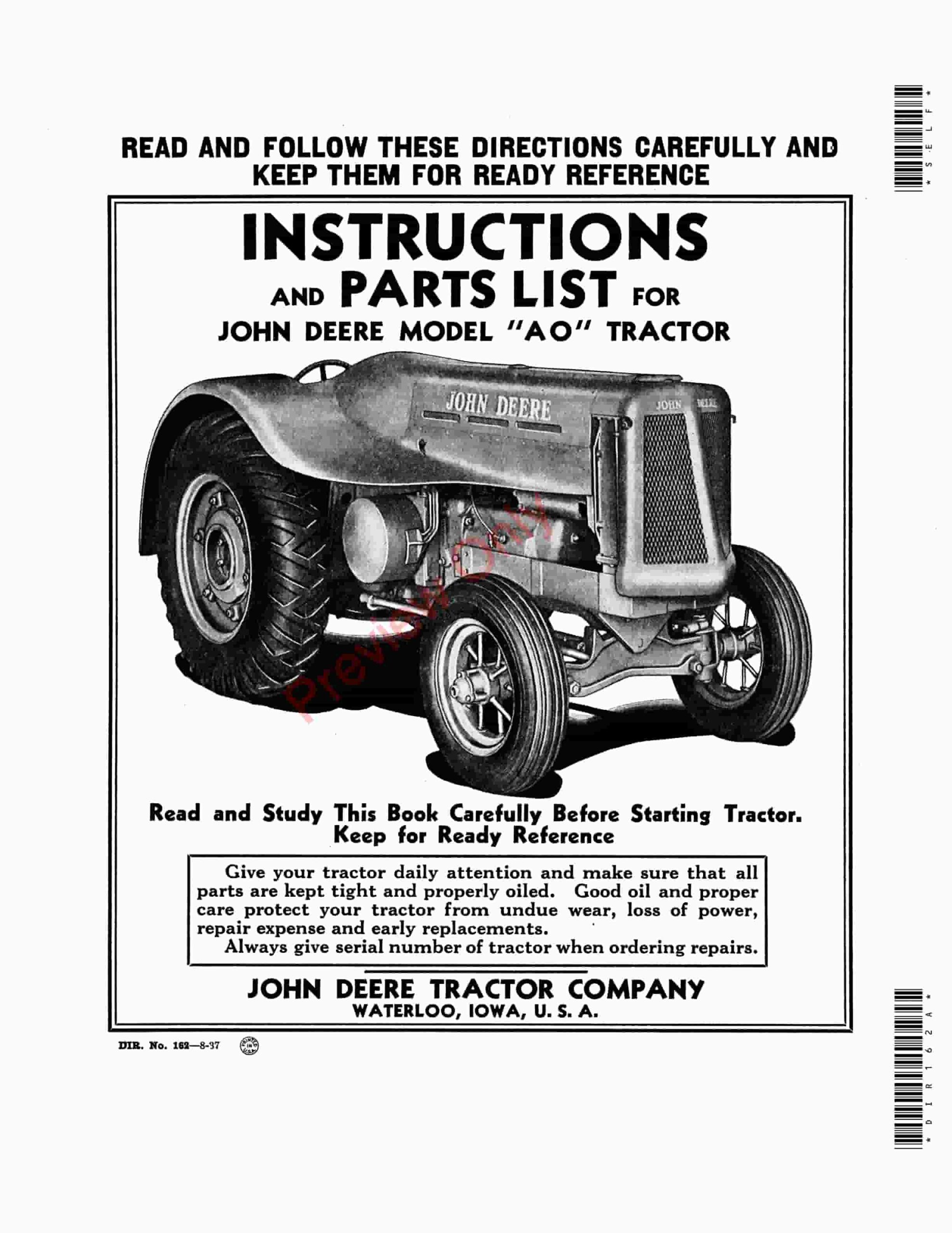 John Deere Model AO Tractor Parts Catalog Operation Manual, Instructions and Parts List DIR162A 01AUG37-1