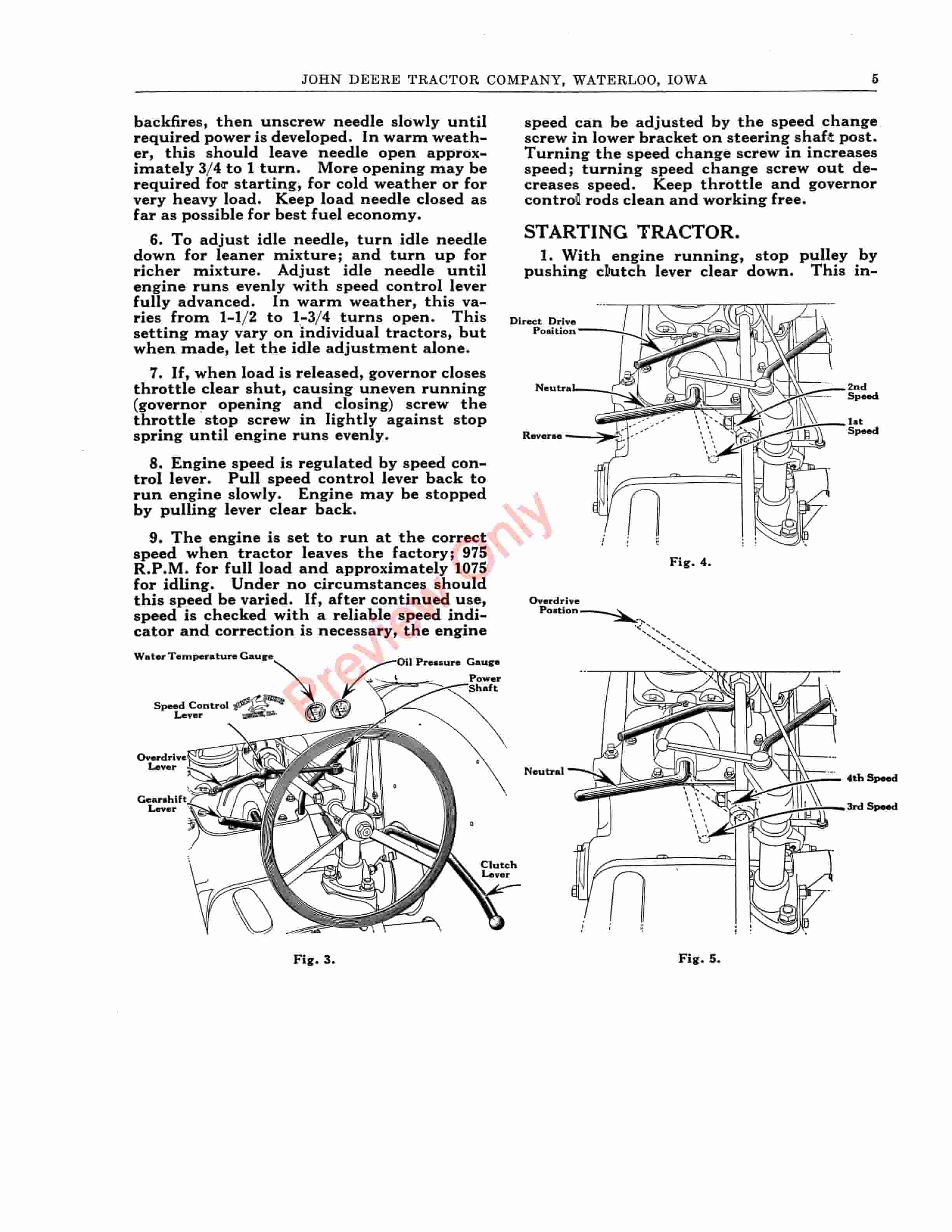 John Deere Model AO Tractor Parts Catalog Operation Manual Instructions And Parts List DIR162A 01AUG37 5