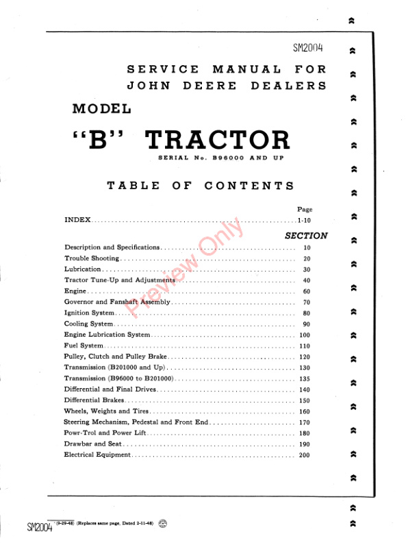 John Deere Model B Tractor (B96000-) 5 digit Service Manual SM2004 29SEP48-3