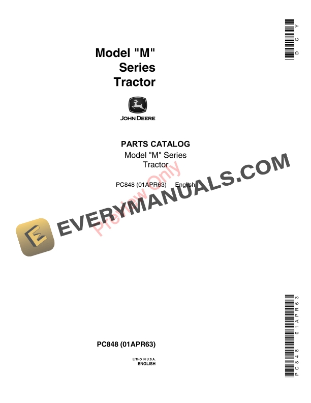 John Deere Model M Series Tractors Parts Catalog PC848 01APR63