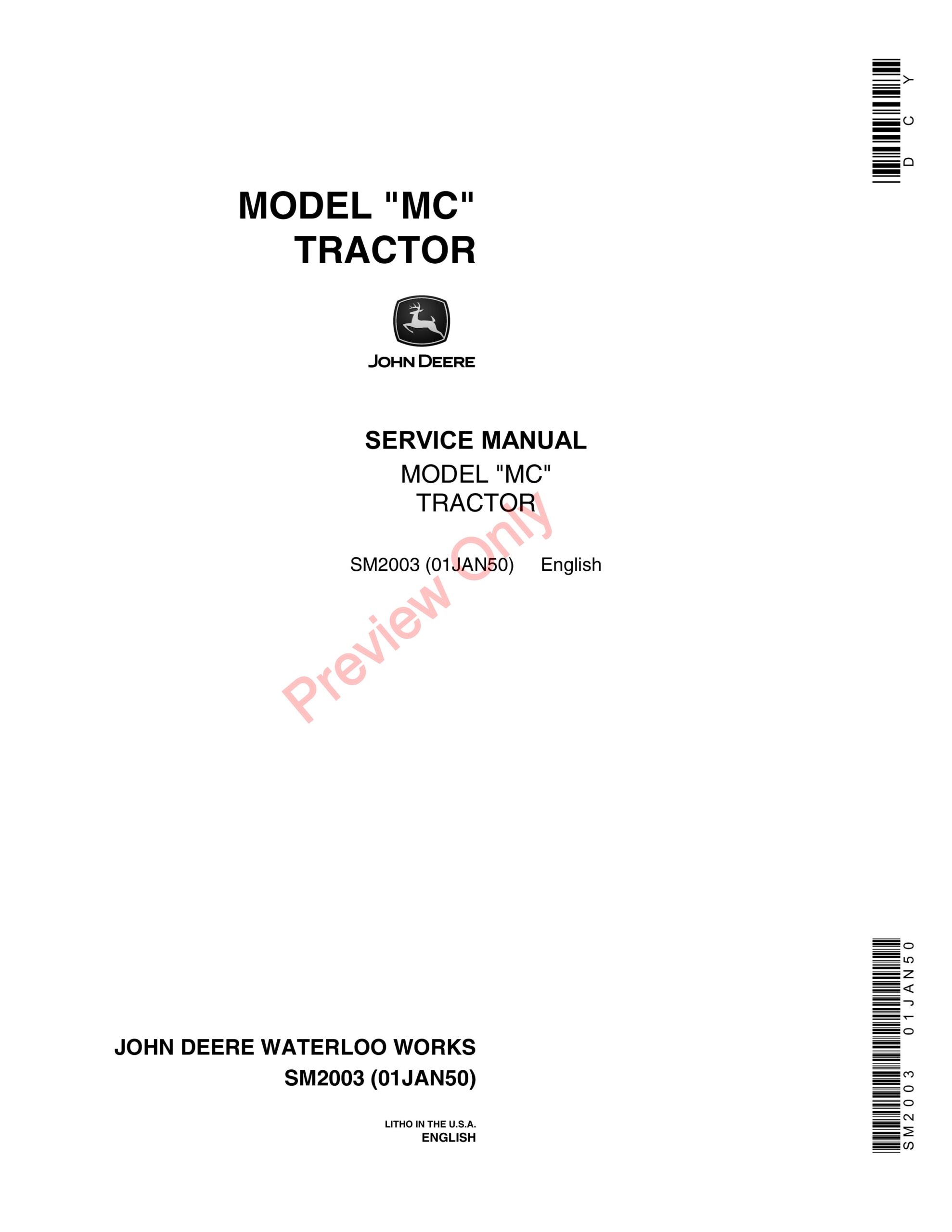 John Deere Model MC Tractor Service Manual SM2003 01JAN50-1