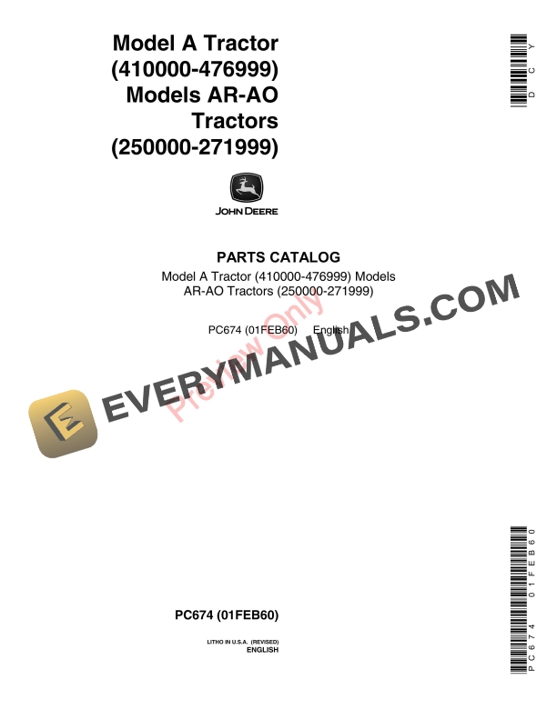 John Deere Models A, AN, ANH, AW, AWH Tractors (S.N. 410000 Parts