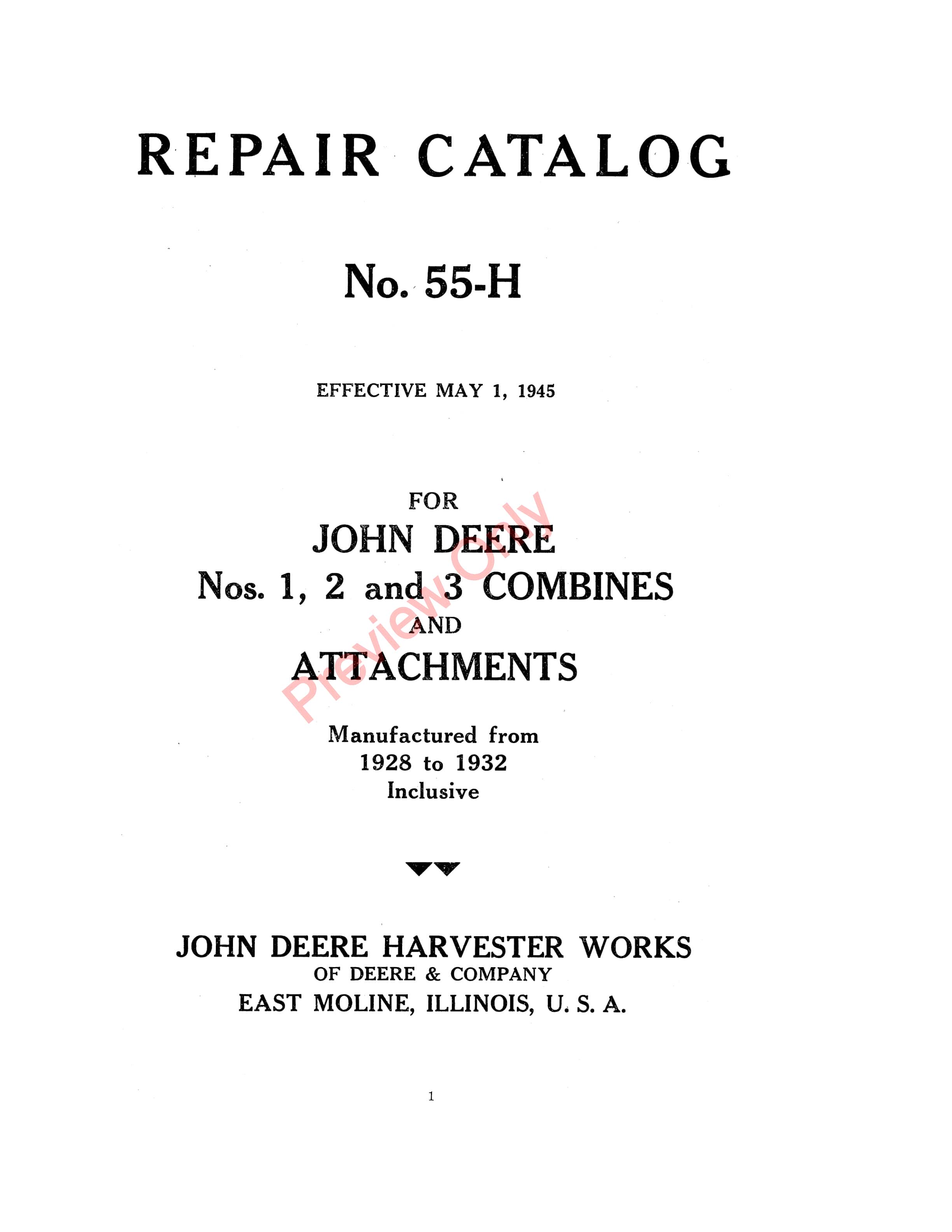John Deere No. 1 2 And 3 Combines WAttachments Parts Catalog CAT55H 01MAY45 5