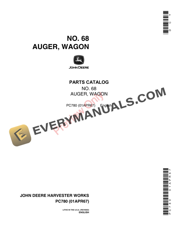 John Deere No. 68 Auger Wagon Parts Catalog PC780 01APR67