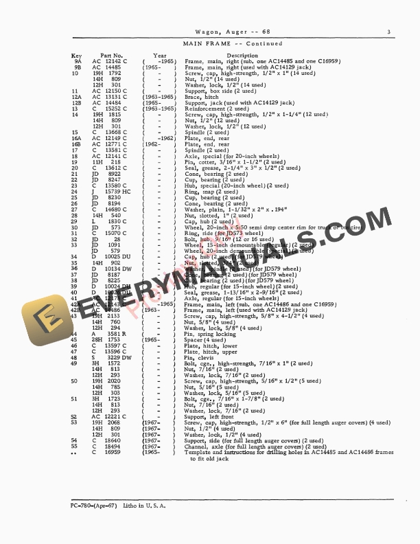 John Deere No. 68 Auger Wagon Parts Catalog PC780 01APR67