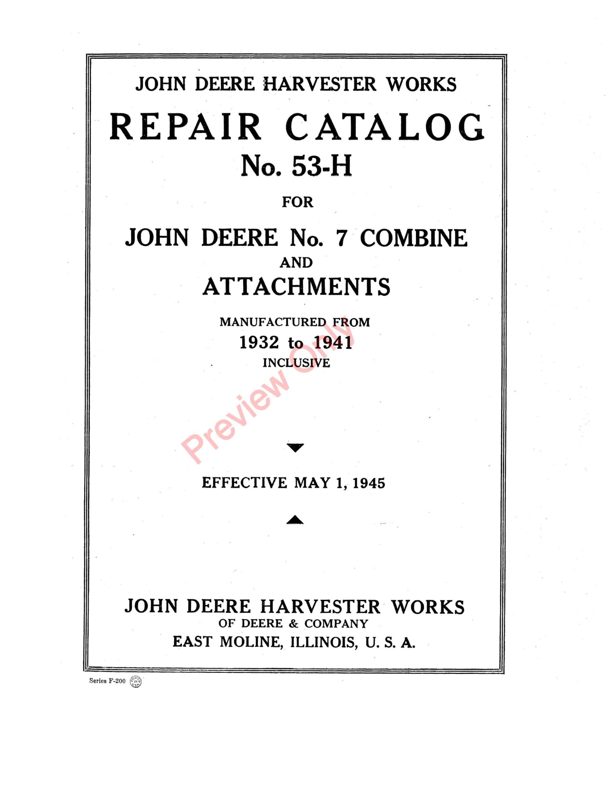 John Deere No. 7 Combine and Attachments Parts Catalog CAT53H 01MAY45-1
