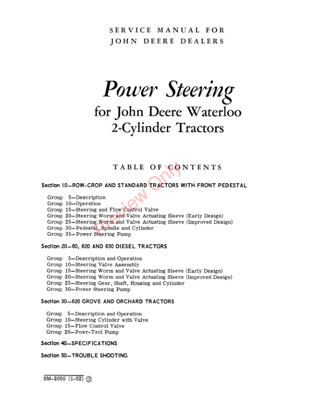 John Deere Power Steering For 2 Cylinder Tractors Service Manual SM2050 01JAN62 3