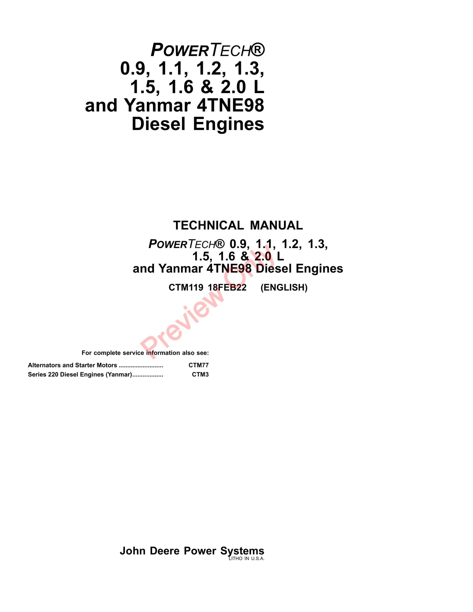 John Deere PowerTech 0.9, 1.1, 1.2, 1.3, 1.5, 1.6, 2.0L and Yanmar 4TNE98 Diesel Engines Service Information CTM119 18FEB22-1