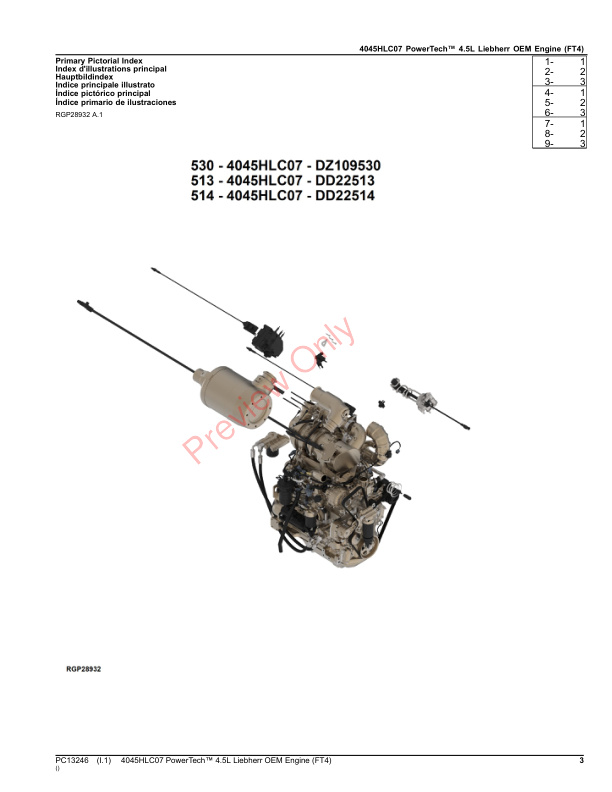 John Deere PowerTech 4.5L 4045HLC07 OEM (FT4 Engine) Parts Catalog PC13246 10SEP26-3