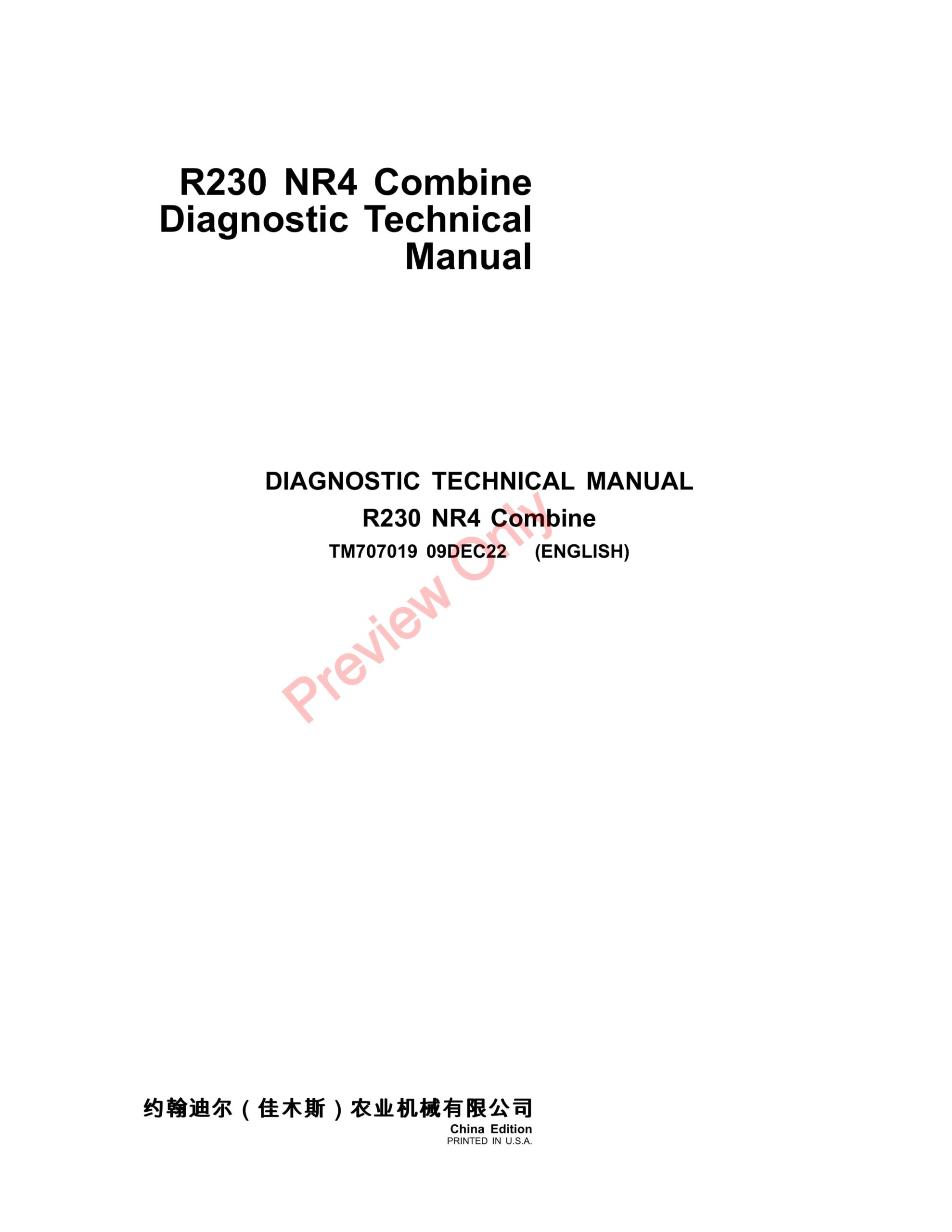 John Deere R230 Combine Diagnostic Technical Manual TM707019 09DEC22-1