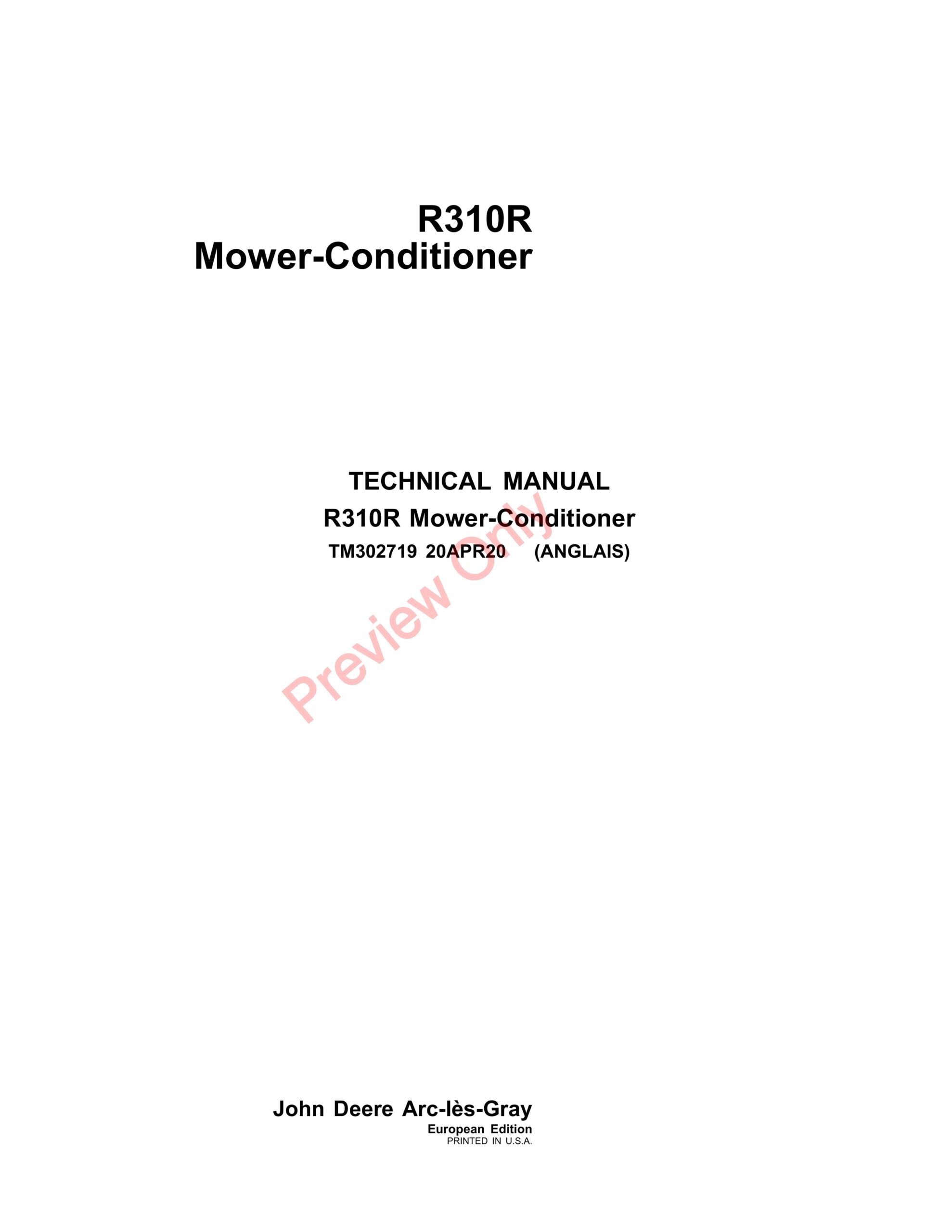 John Deere R310R Mower-Conditioner Technical Manual TM302719 20APR20-1