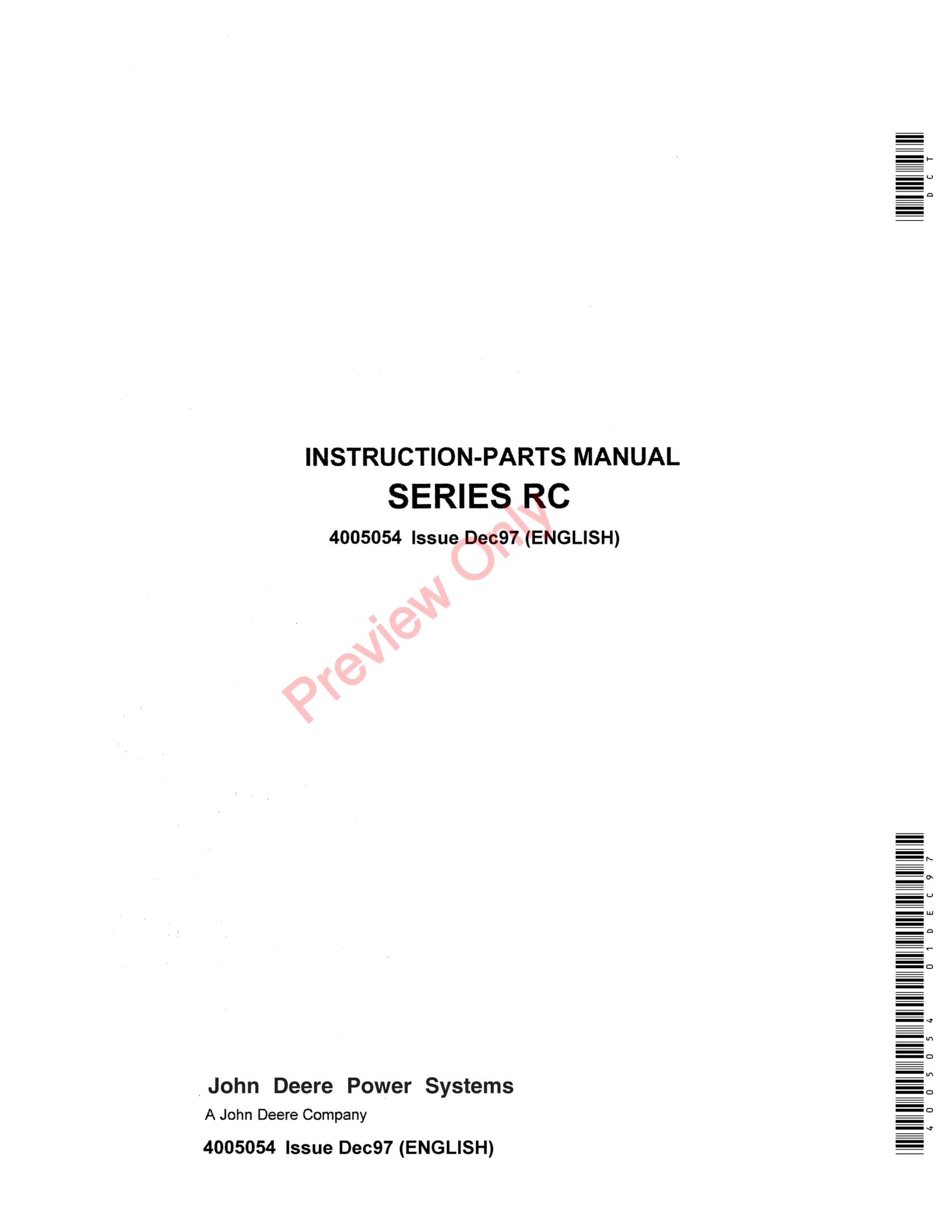 John Deere RC Series Parts Manual 4005054 01DEC97-1