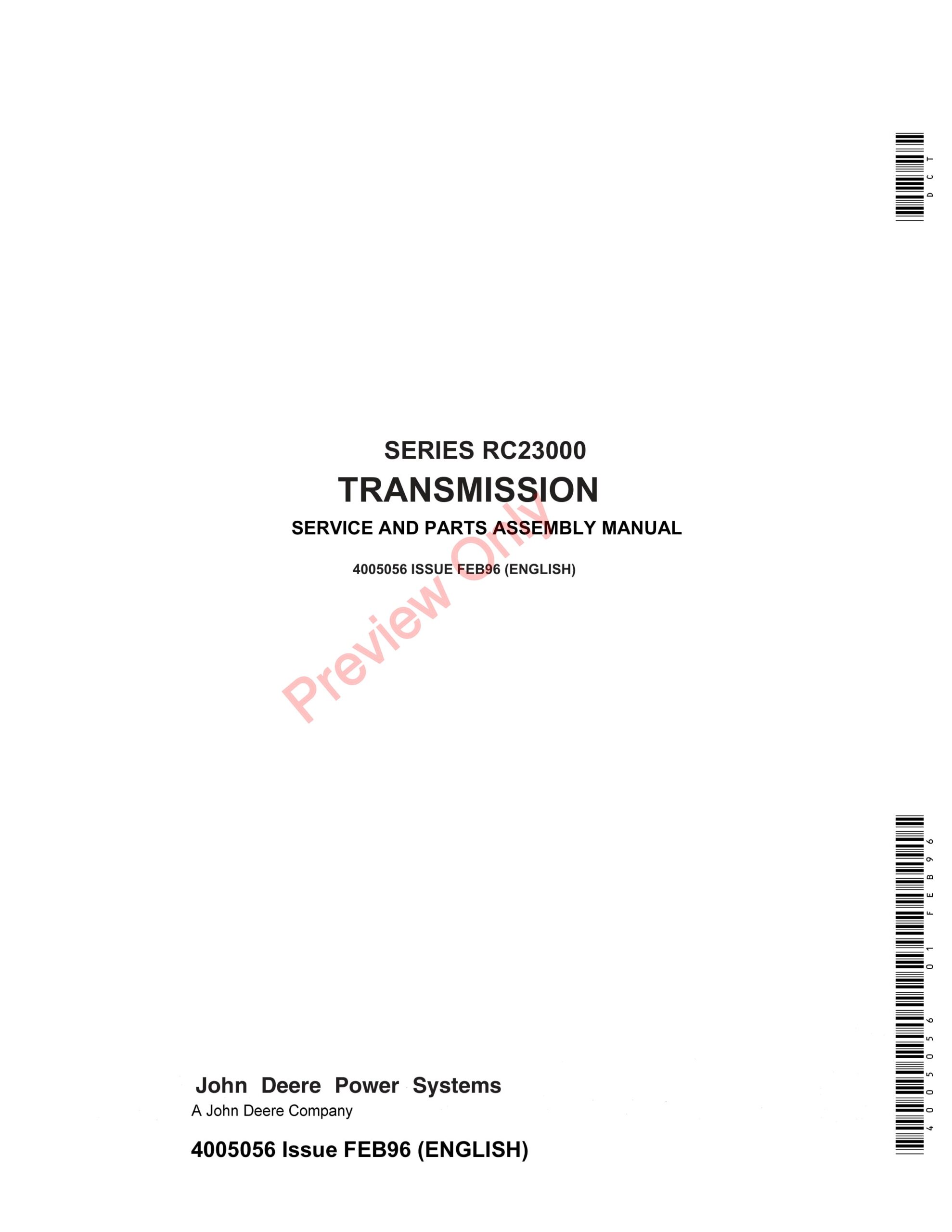 John Deere RC23000 Series Hydraulic Motor Driven Transmission Service and Parts Assembly Manual 4005056 01FEB96-1