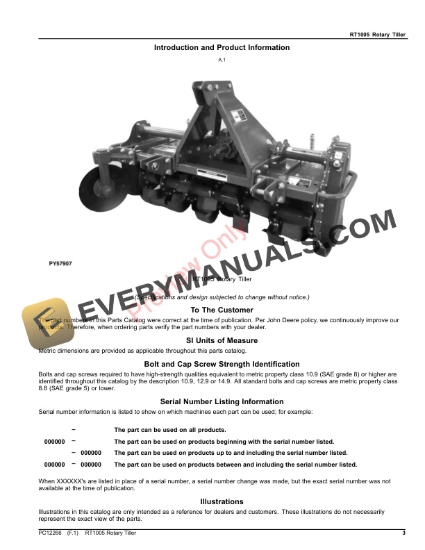 John Deere RT1005 Rotary Tiller Parts Catalog PC12266 03JUL23