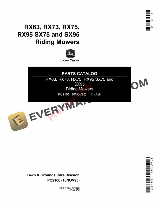 John Deere RX63, RX73, RX75, RX95, SX75, SX95 Riding Mowers Parts