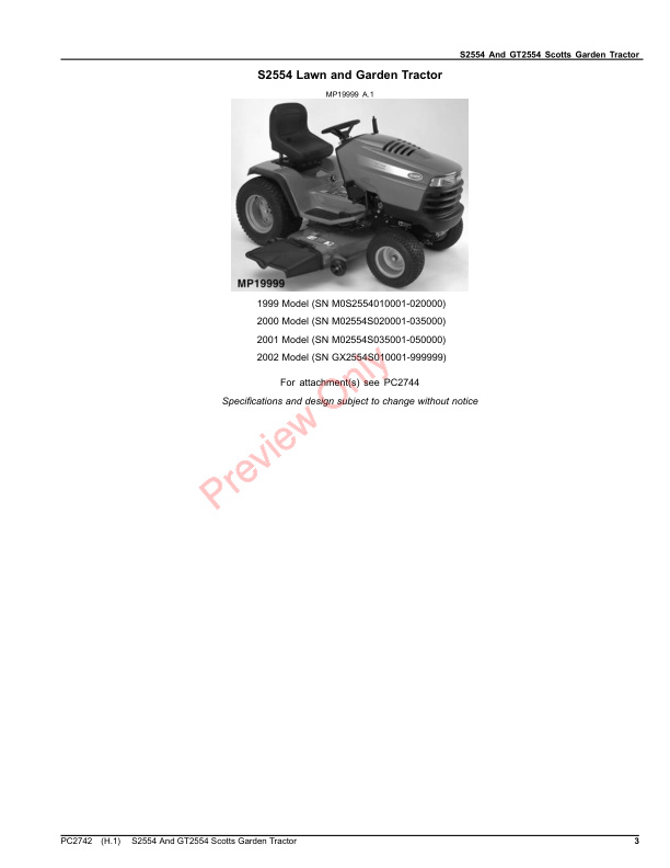 John Deere S2554 AND GT2554 SCOTTS GARDEN TRACTOR Parts Catalog PC2742 12MAY23-3